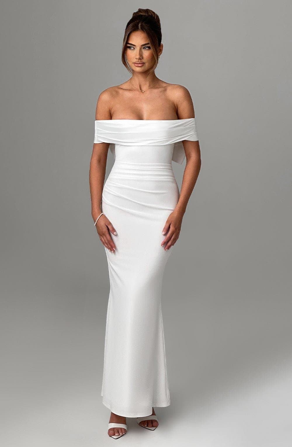Joanna Maxi Dress in Ivory - Stretch Crepe Fit and Flare with Bardot Neckline