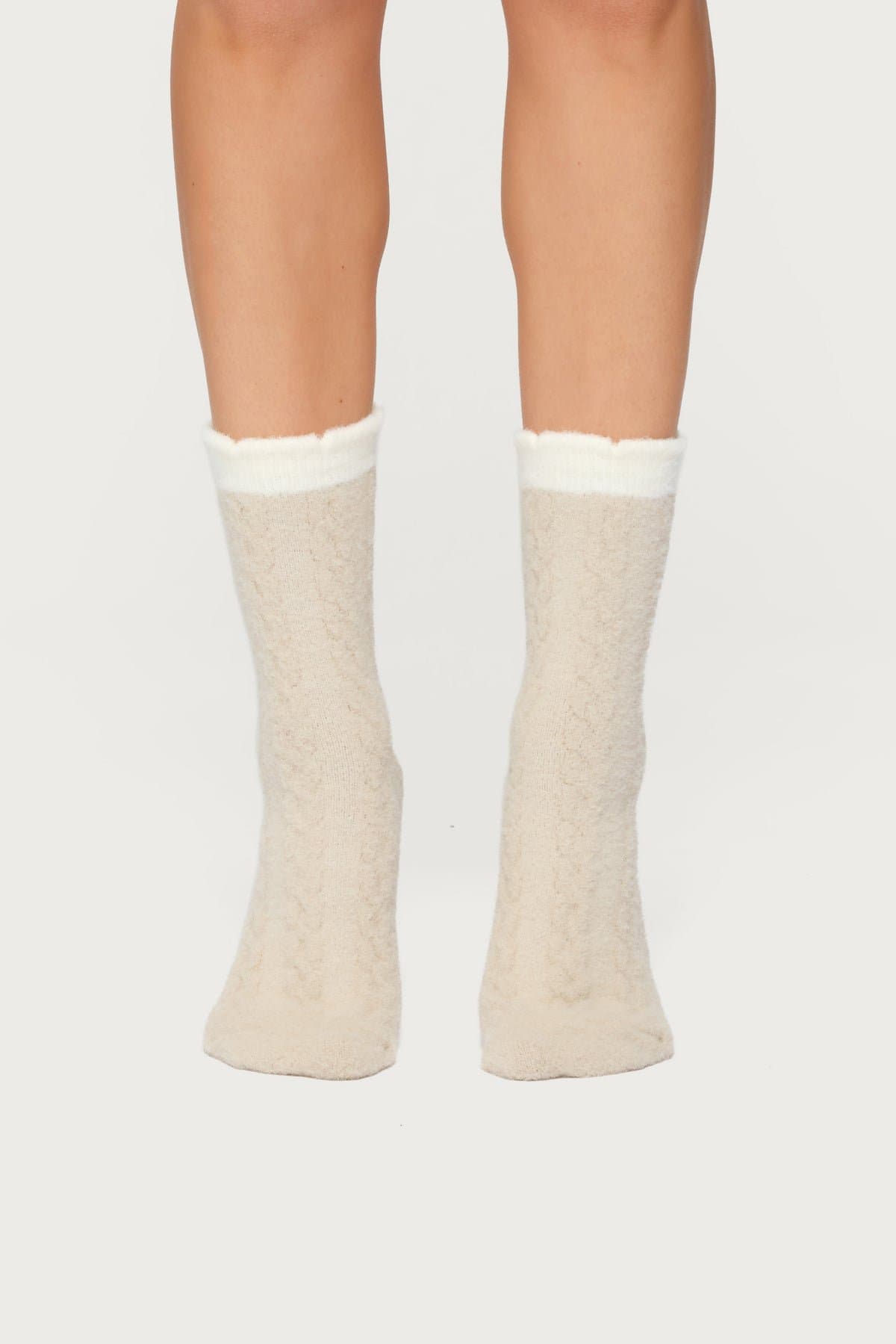 Contrast Fuzzy Cable Knit Socks - Nylon Spandex, 12.2 Inch Length