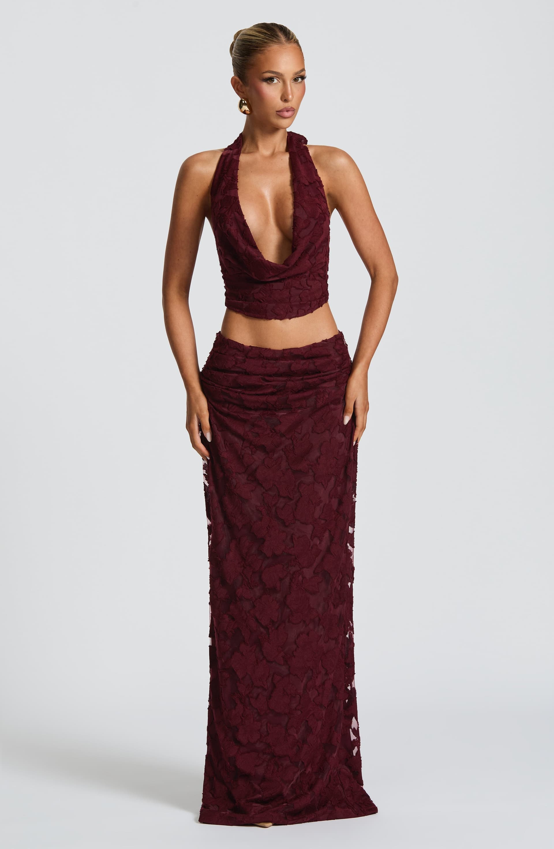 Myra Maxi Skirt Cherry Lacquer Floral Burnout Jersey Mid-Rise Pleated