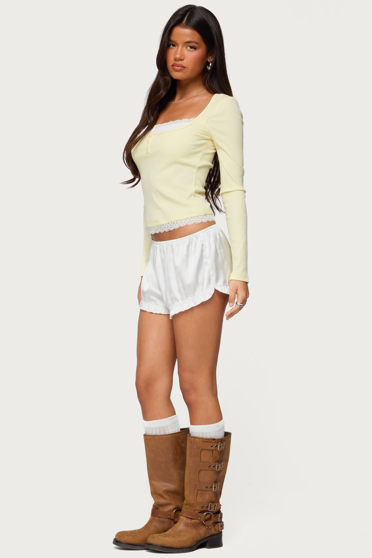 Joana Layered Lacey Henley Top - Long Sleeve Scoop Neck Cotton Rayon Spandex