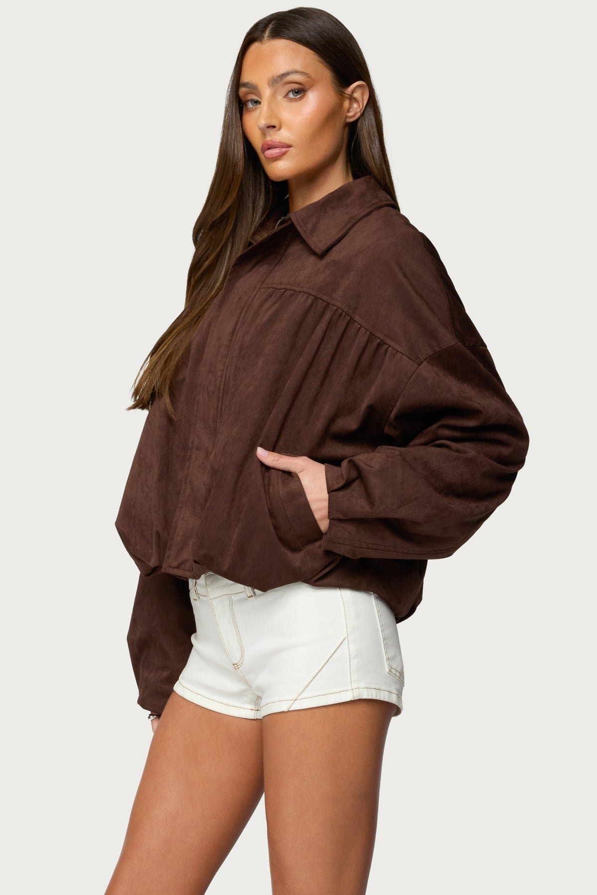 Alberta Faux Suede Bubble Jacket Oversized Fit Collared Polyester Spandex