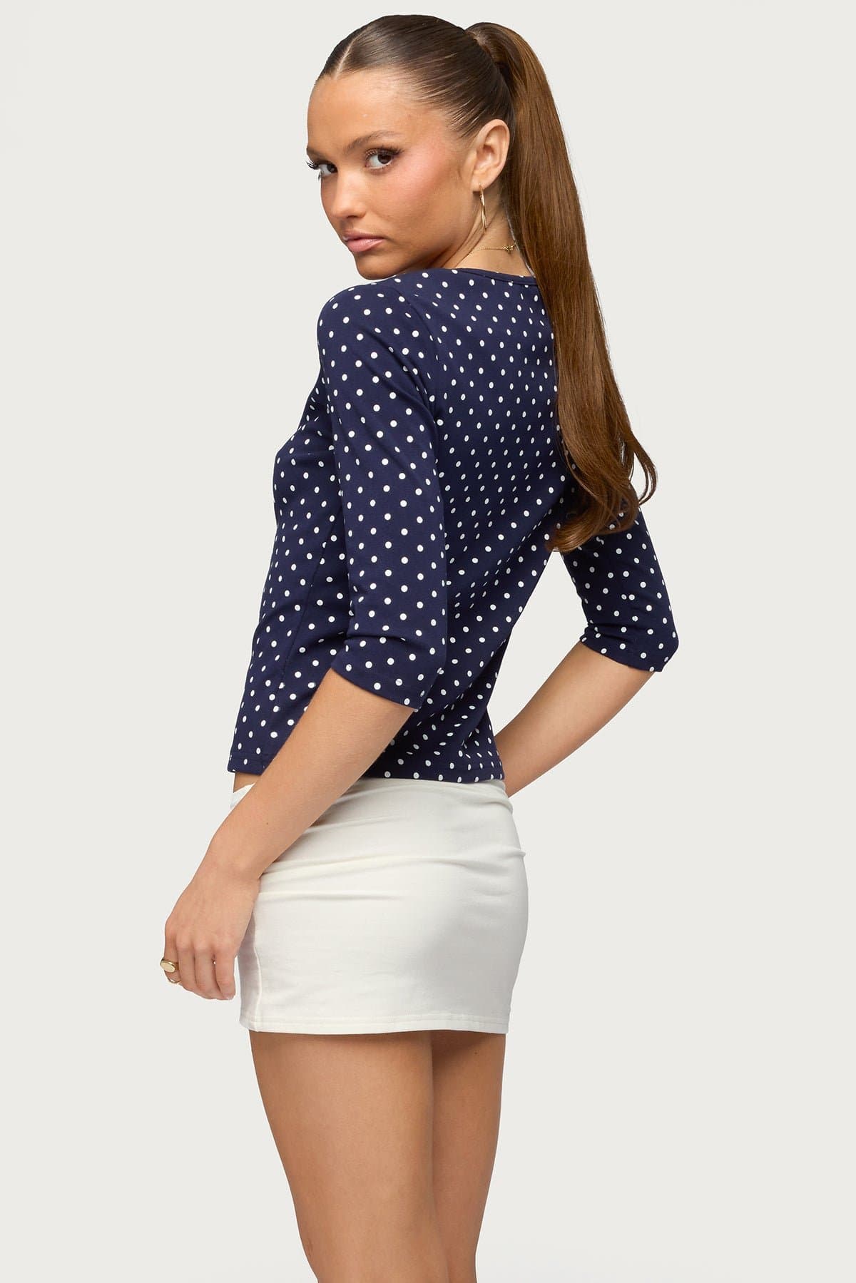 Lela Polka Dot Print Quarter Sleeve Top - Cotton Polyester Spandex
