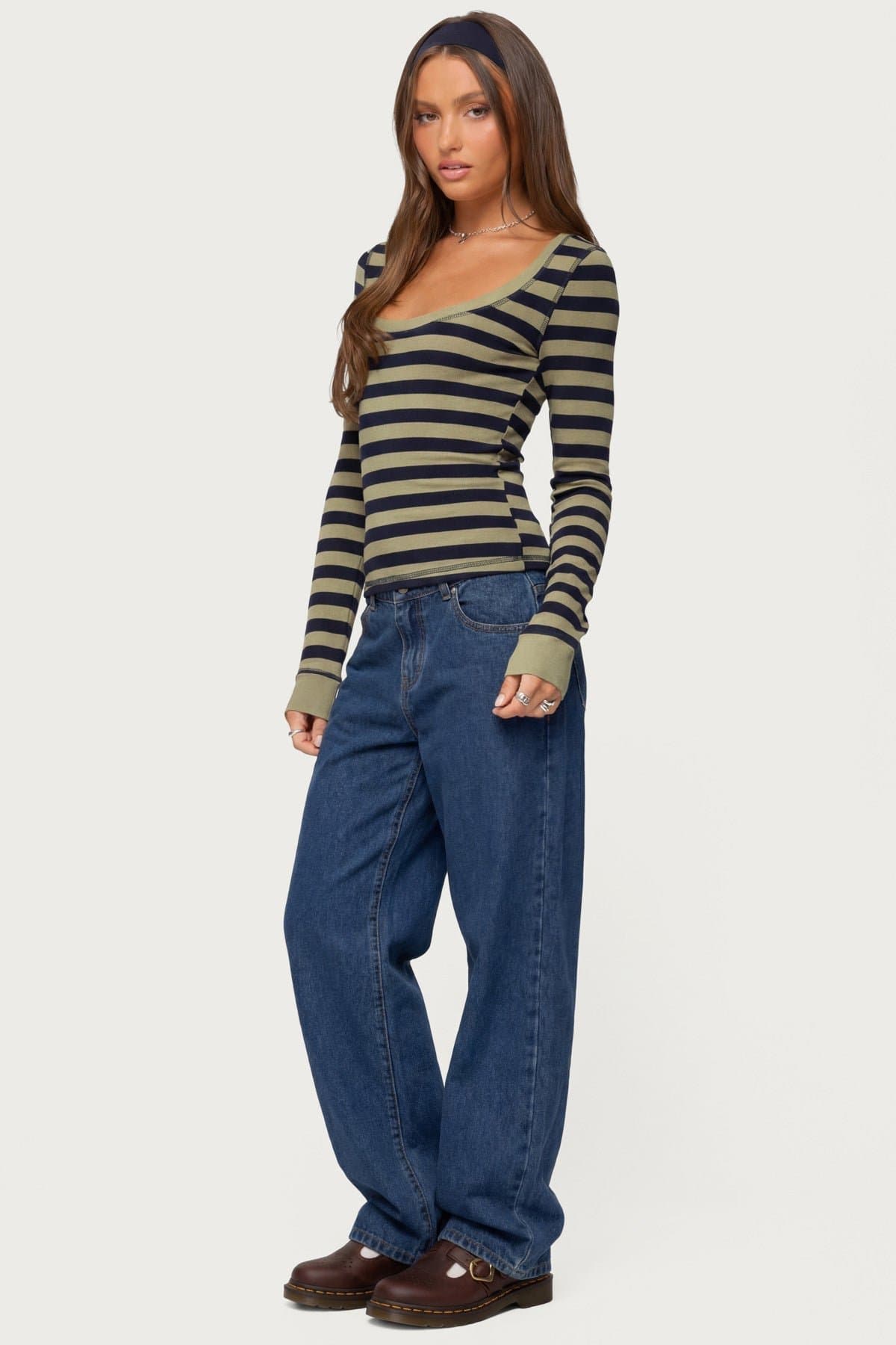 Rainey Striped Long Sleeve Top - Cotton Spandex Scoop Neck
