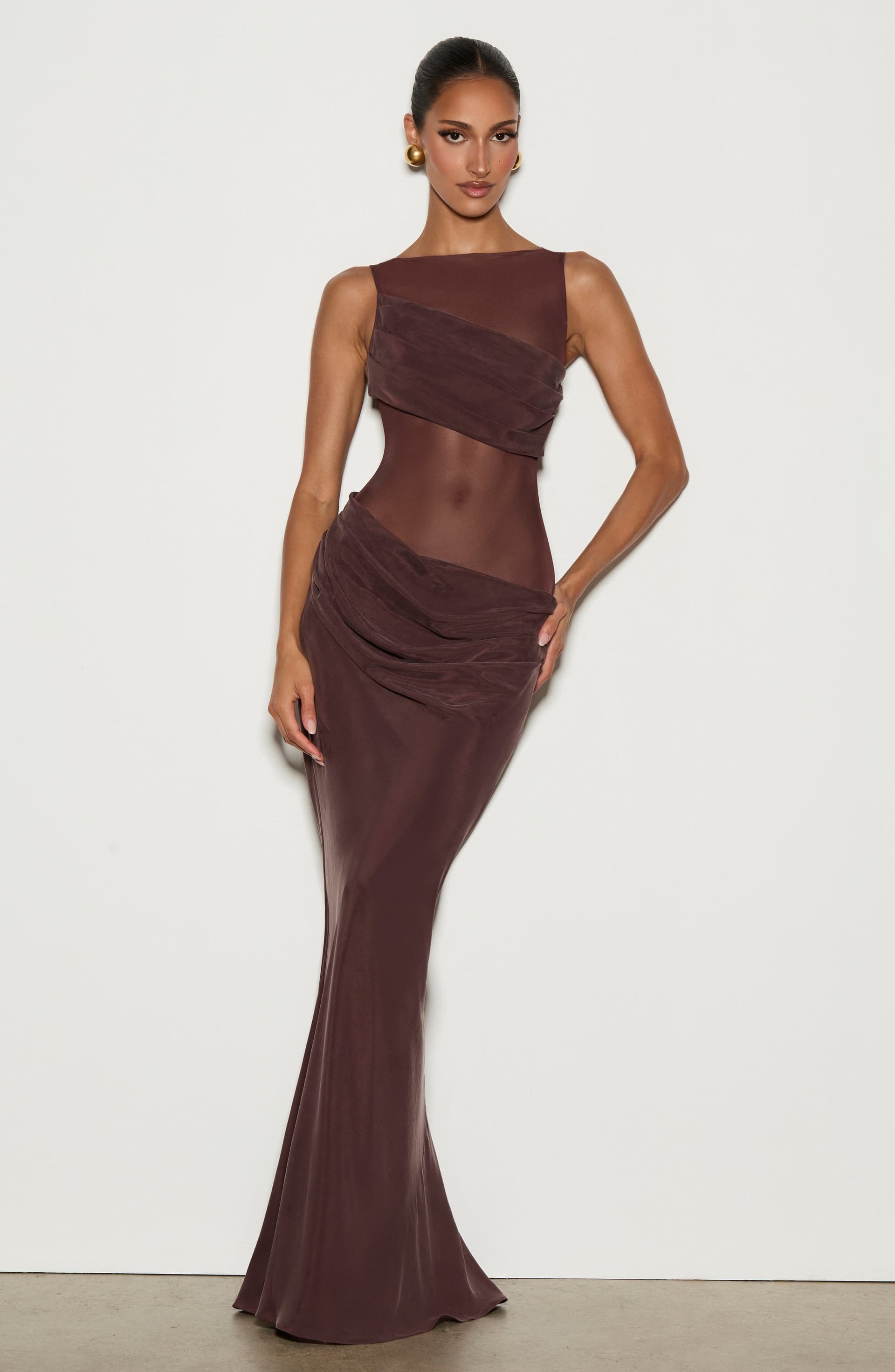 Gracelyn Maxi Dress - Plum Brown Sheer Mesh Bodice Cupro Skirt