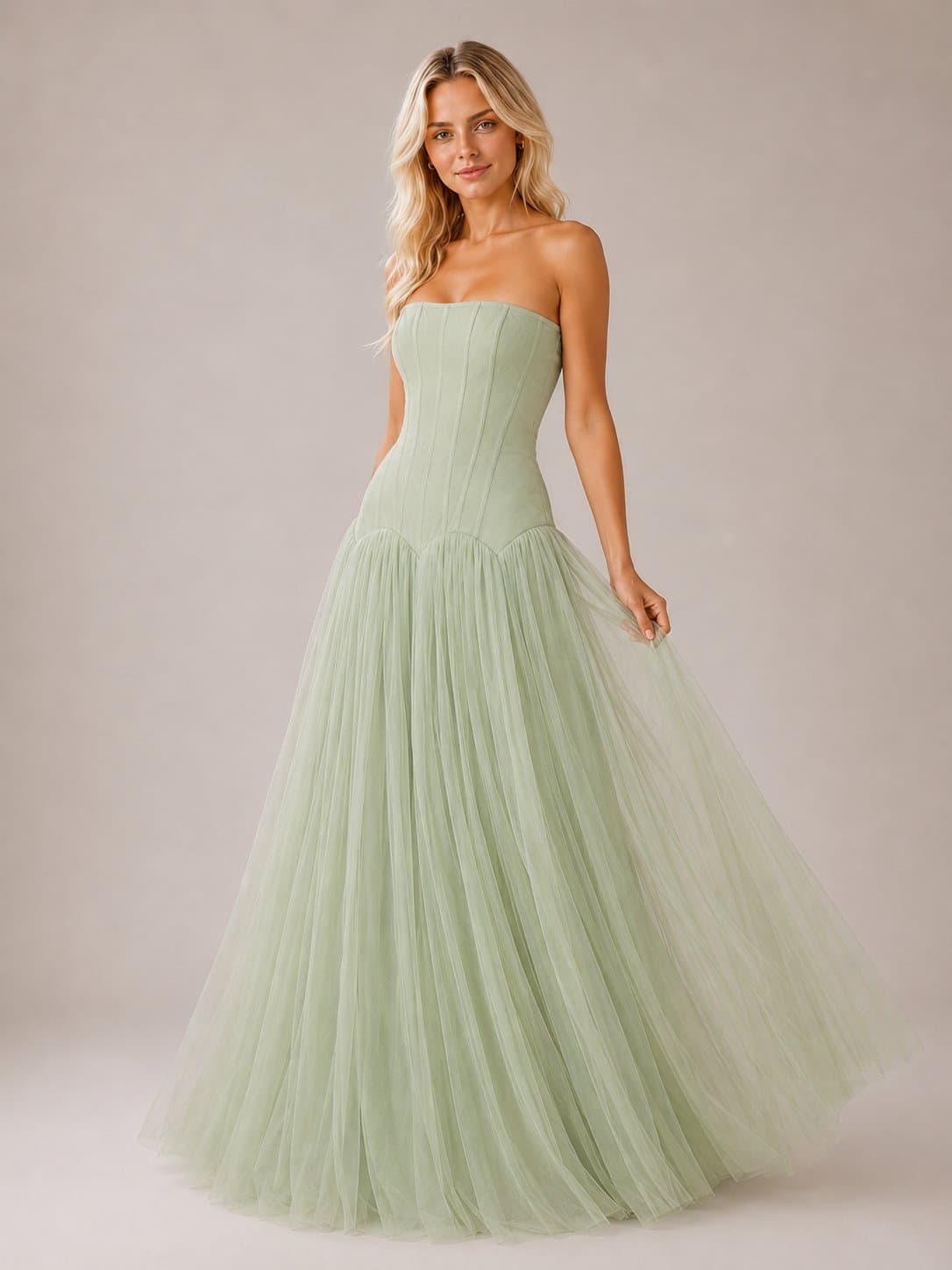 Sage Green Tulle Corset Maxi Dress – Strapless A-Line Ball Gown Prom Evening Dress