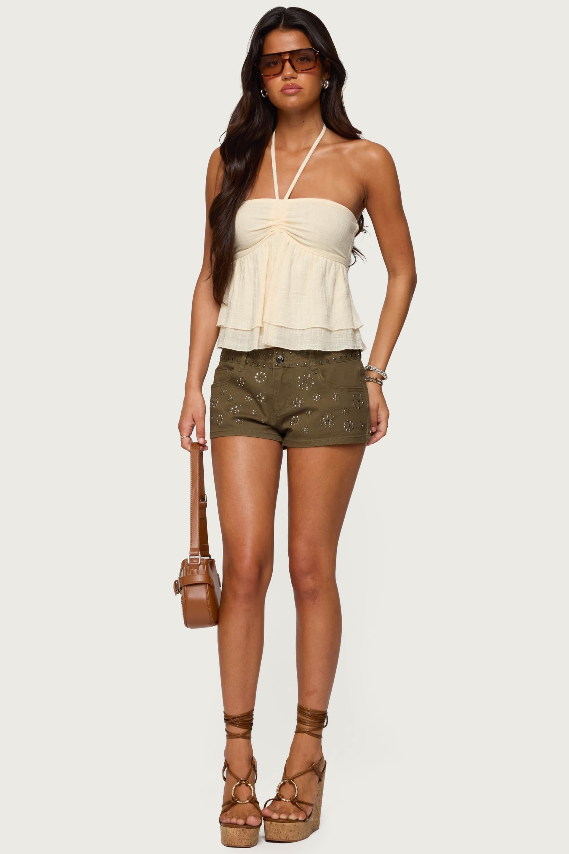 Eartha Studded Micro Shorts - Cotton Spandex, Size S Inseam 1.97in