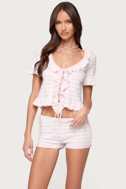 Janelle Striped Knit Tie Front Top - V Neck Ruffle Trim Rayon Polyester