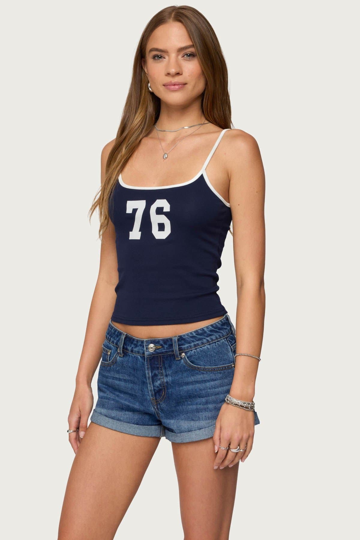 76 Contrast Tank Top with Adjustable Straps, Graphic Text, Cotton Spandex