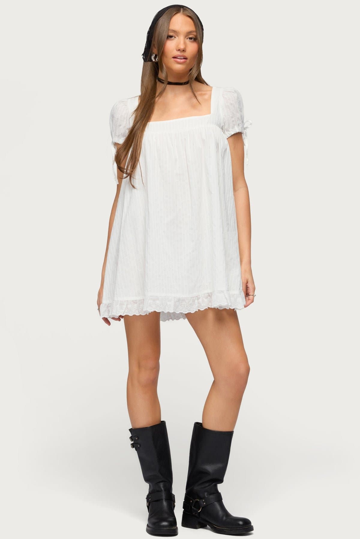 Sepid Striped Cotton Mini Dress Square Neckline Short Puff Sleeves