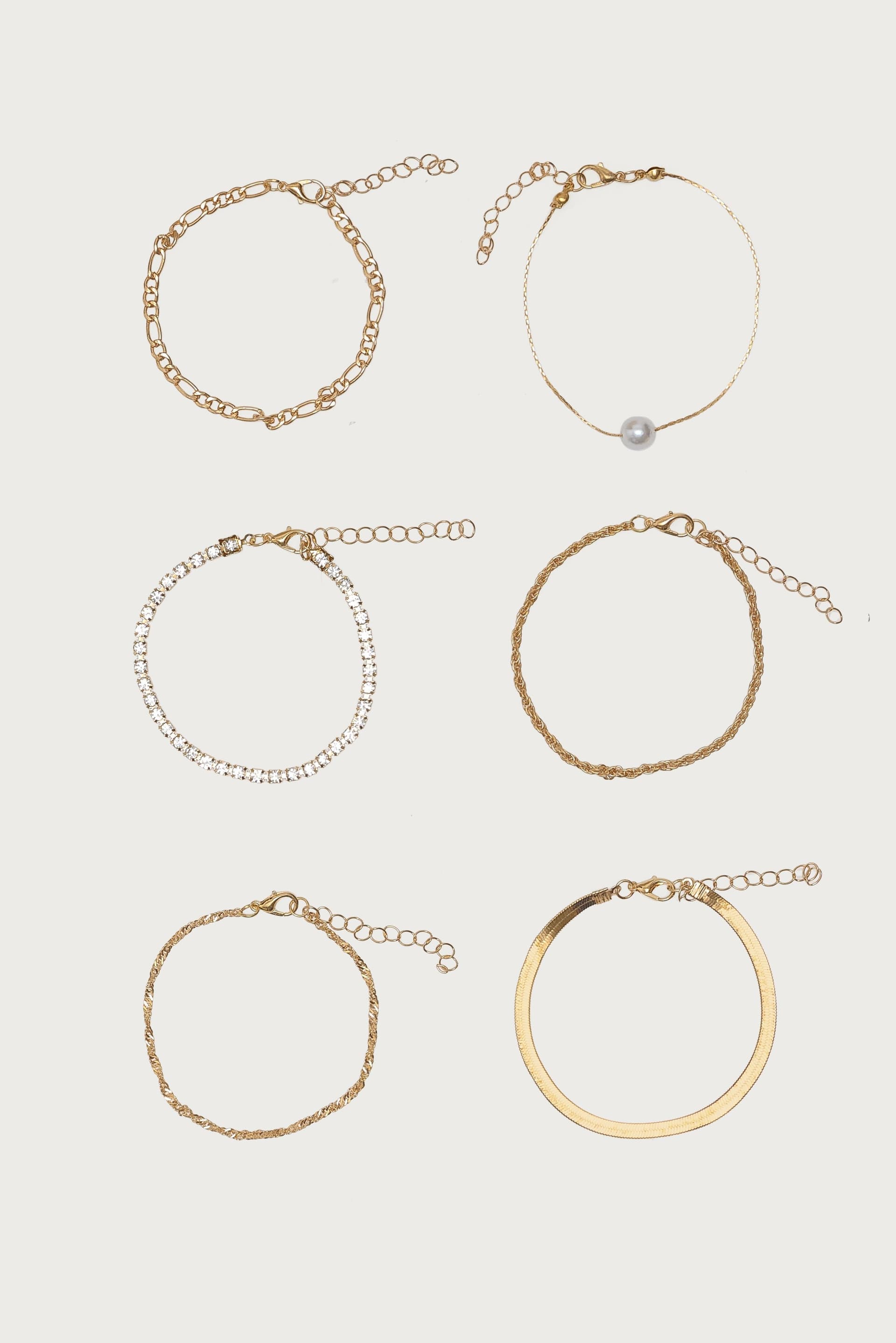 Faux Diamond & Pearl Chain Bracelet Pack of 6 Assorted Gold Tone 6.7 Inch
