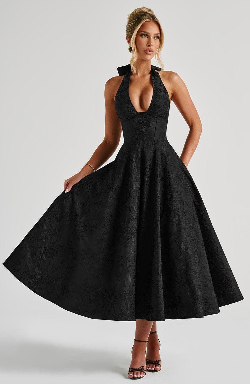 Effie Midi Dress in Black - Plunge Halter Neckline, Lace Up Back, Full Skirt