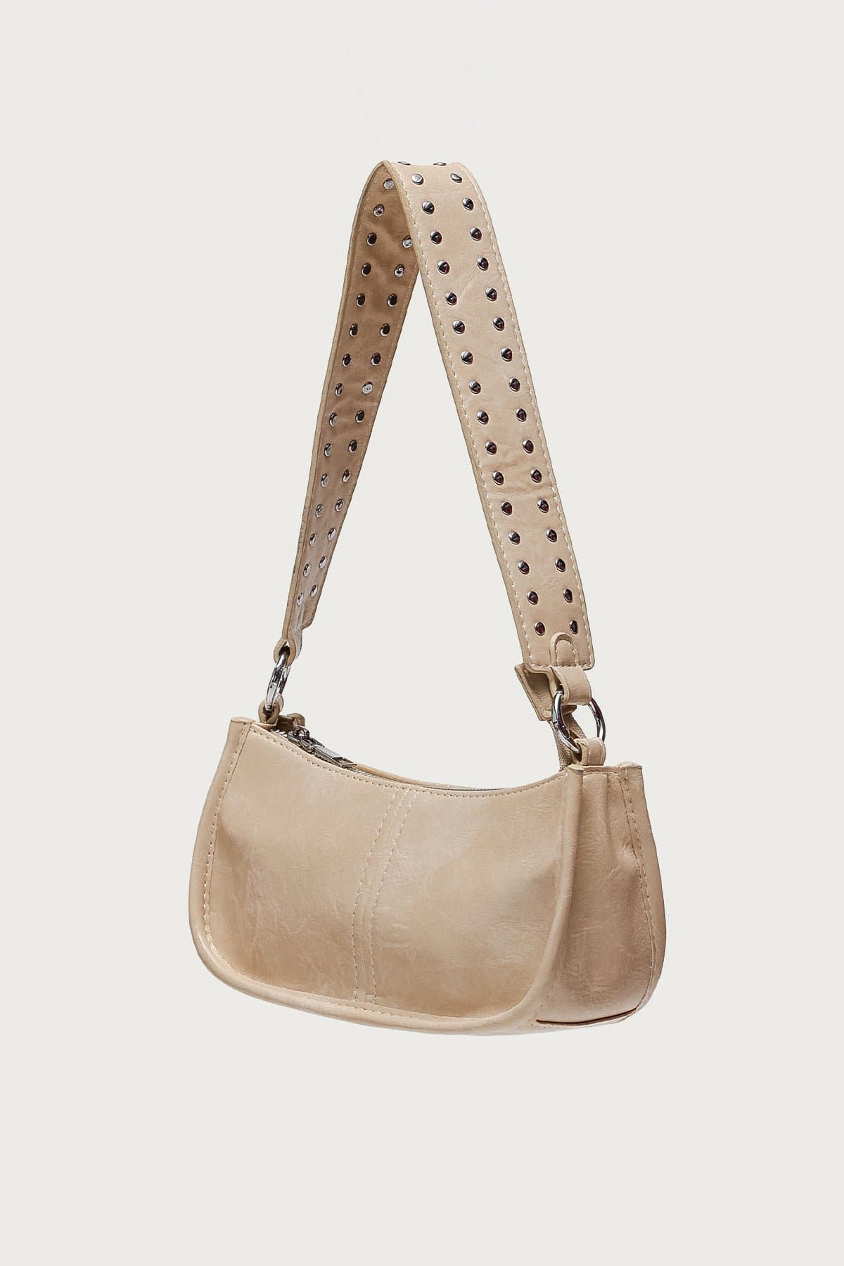 Studded Strap Faux Leather Bag - 9.6" Width, Polyurethane