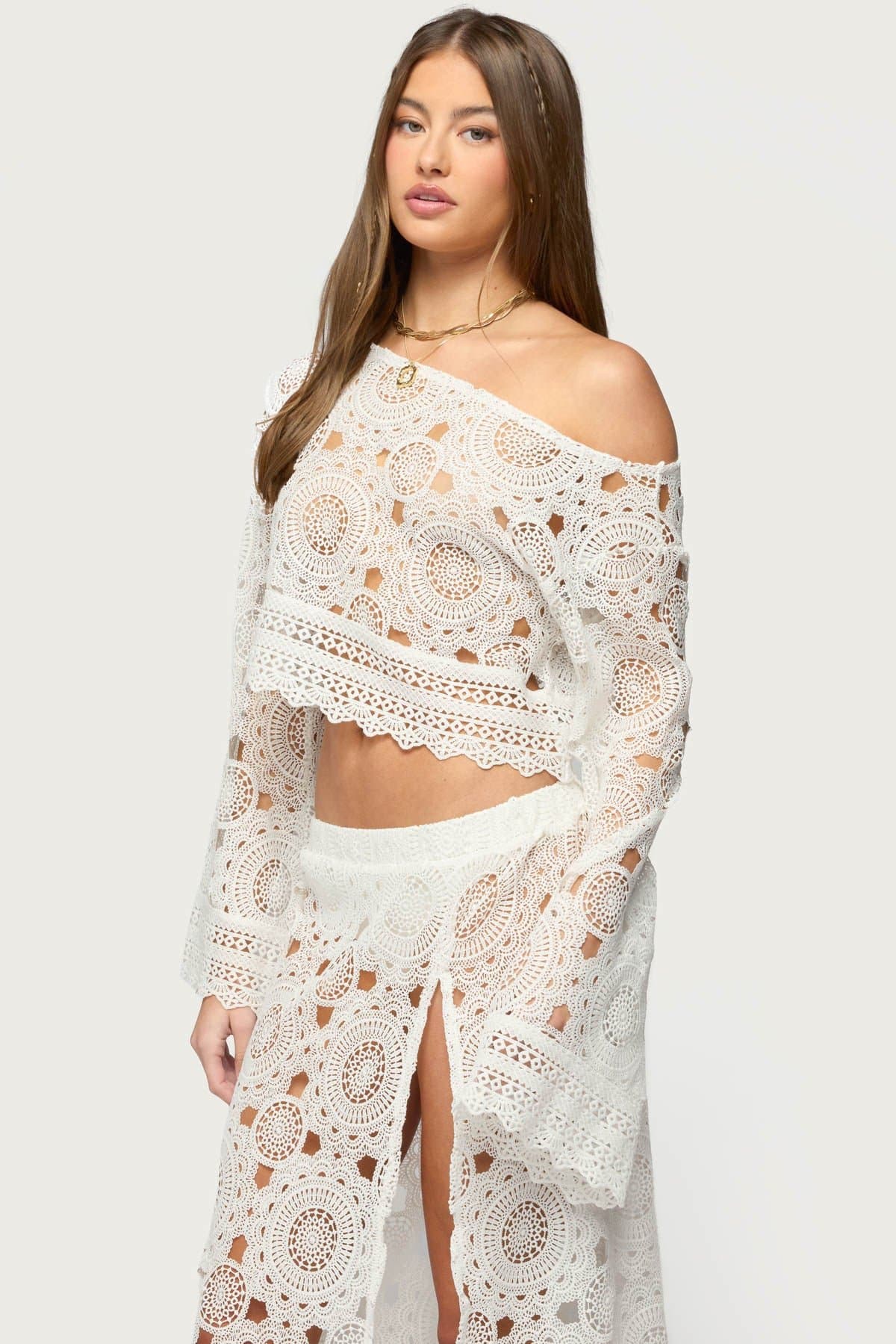 Milana Sheer Lace Off Shoulder Long Sleeve Top with Scalloped Hem