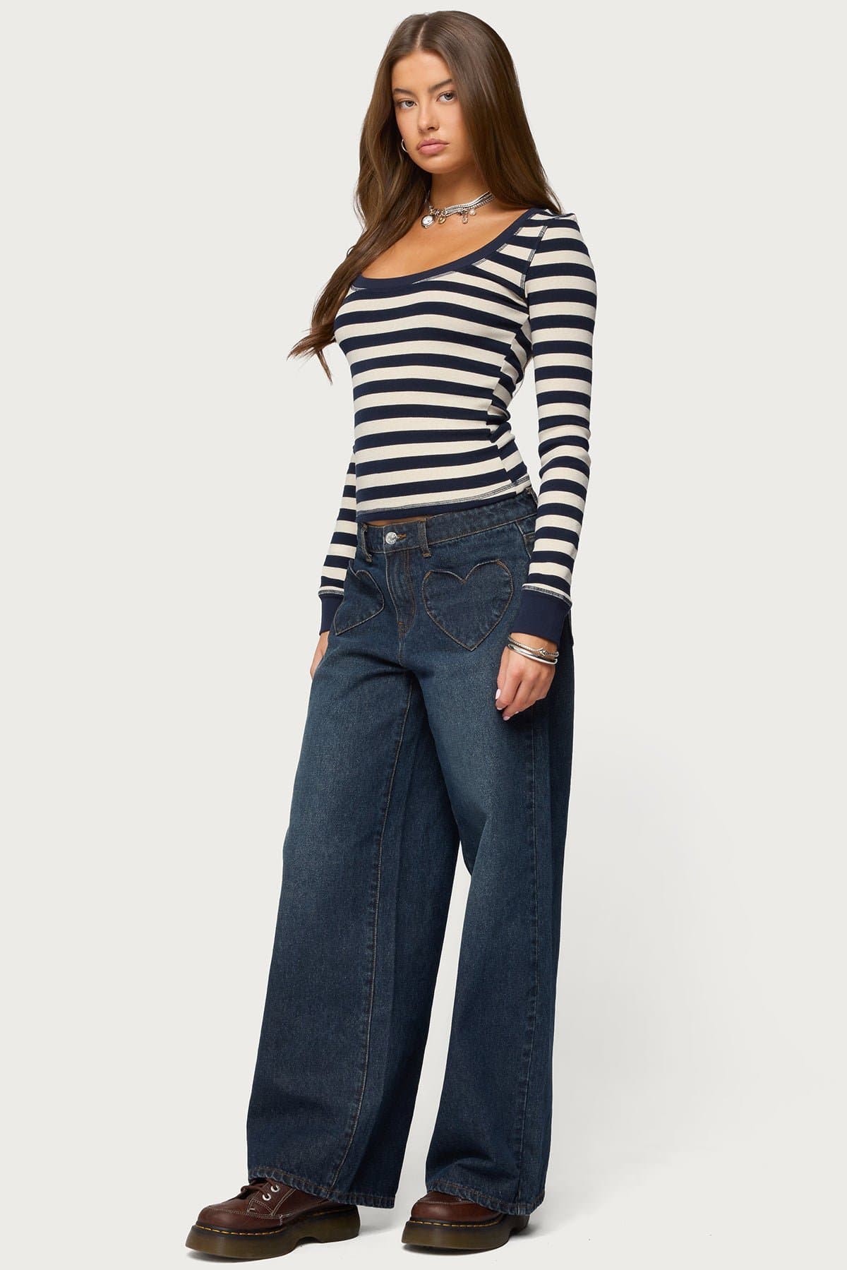Heart Pockets Low Rise Baggy Jeans - 100% Cotton Rigid Denim