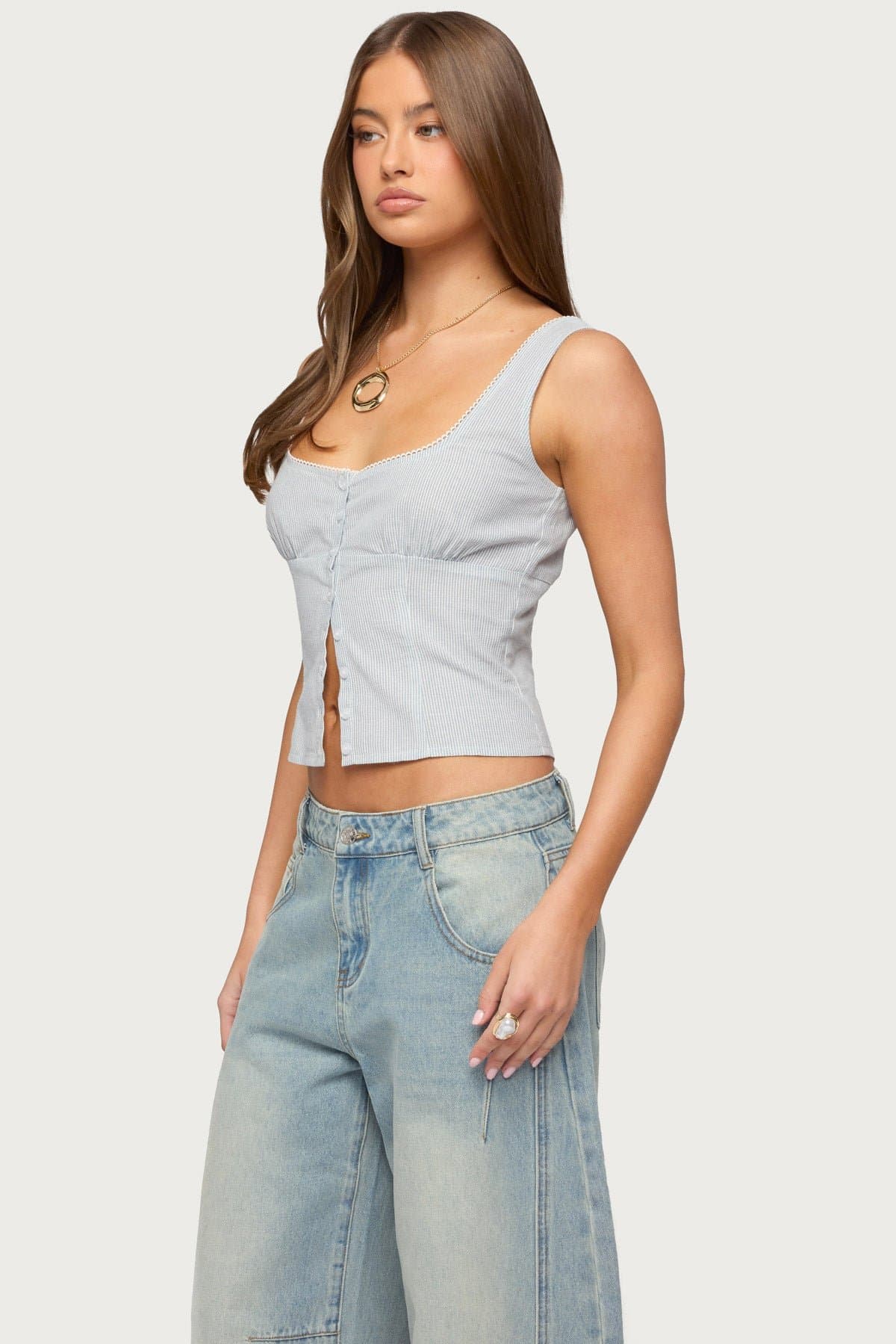 Katiya Pinstripe Button Up Top - Cotton Linen Smocked Back Frill Trim