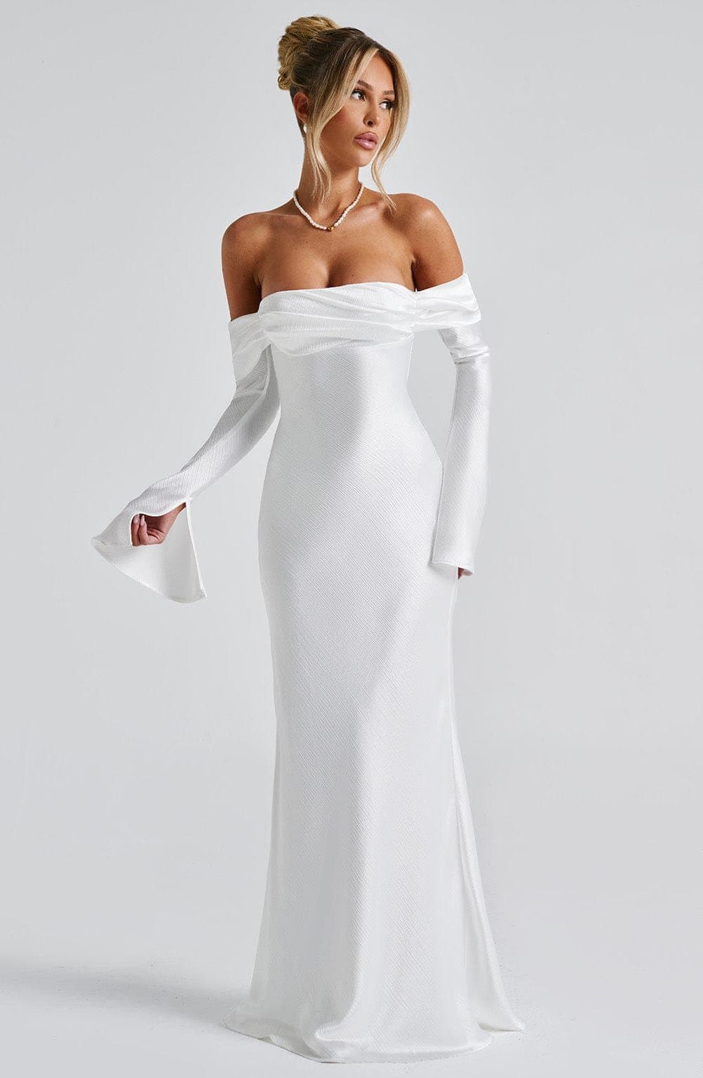 Selene Maxi Dress in Ivory - Textured Satin Bardot Neckline Long Sleeve