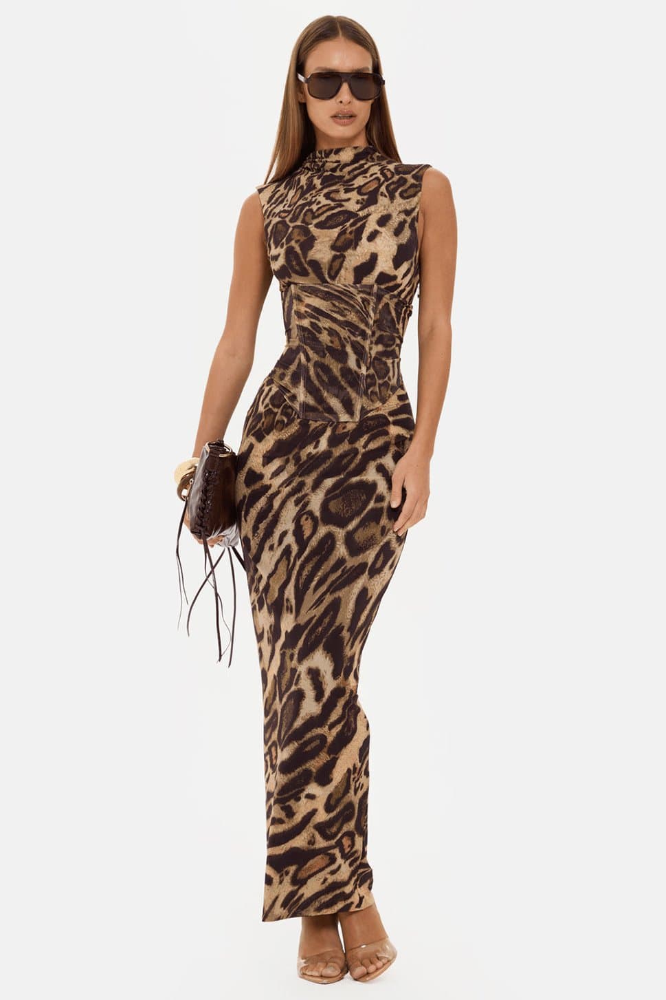 Leopard Print Corset Maxi Dress High Neck Sleeveless Nylon Elastane