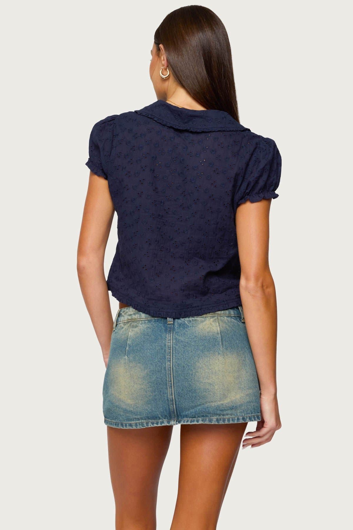 Lanie Eyelet Tailored Button Up Shirt - 100% Cotton Puffed Sleeve Ruffle Trim