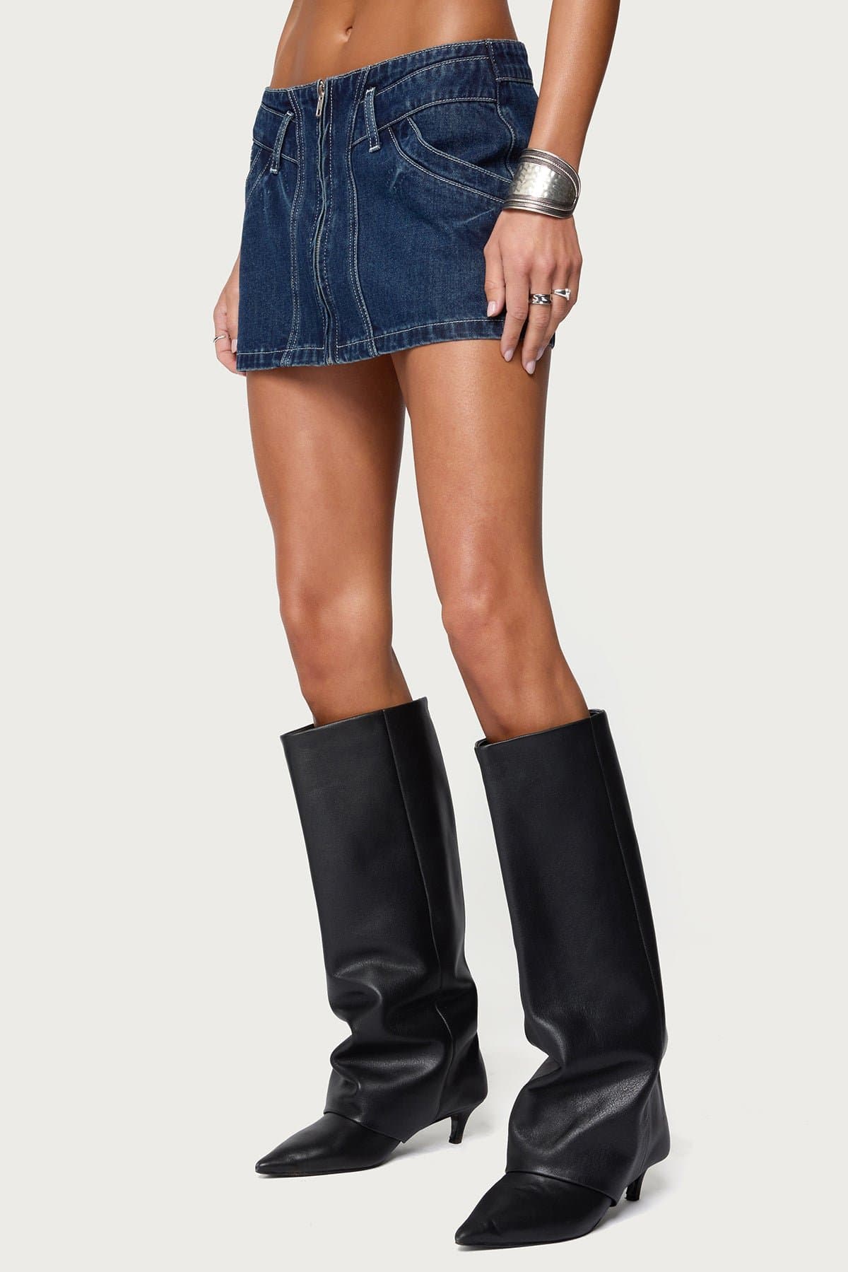 Sharlo Zip Up Denim Mini Skirt 100% Cotton with Stitch Detailing