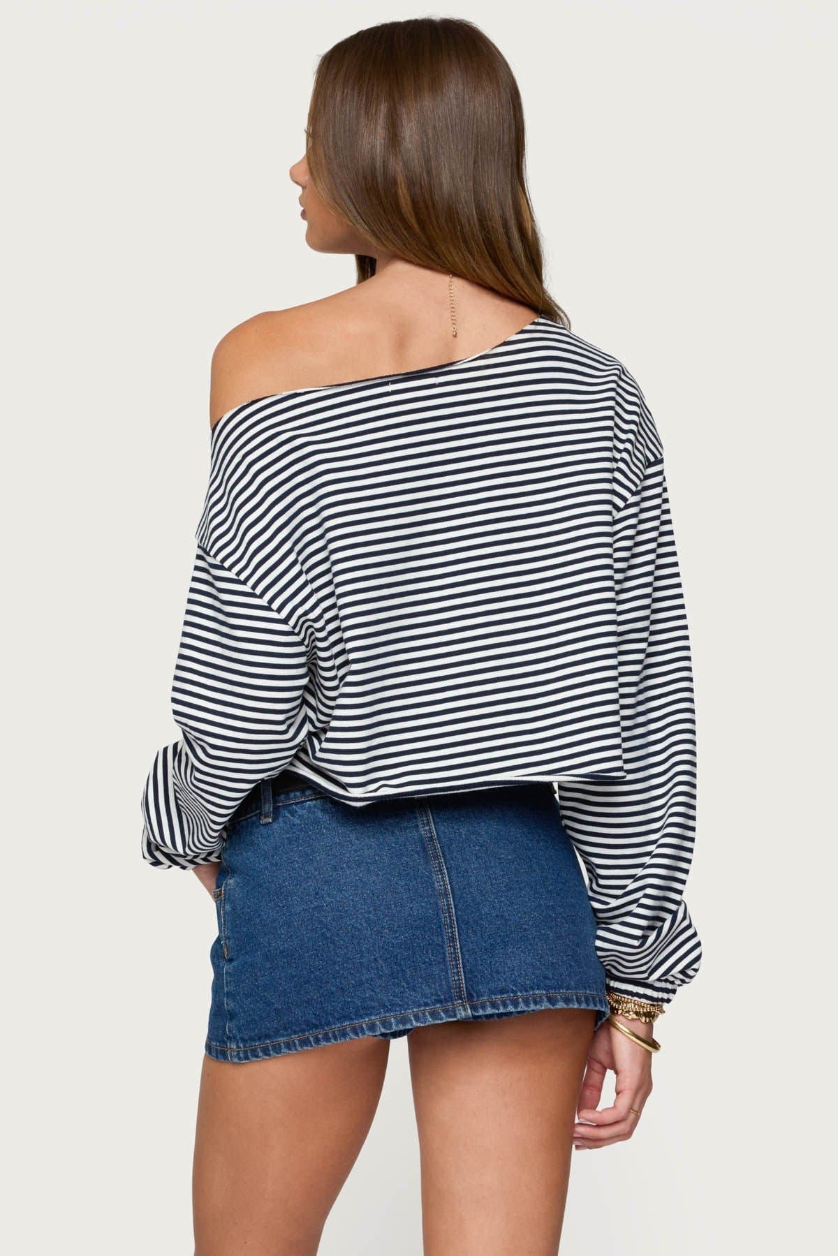 Aveline Off Shoulder Light Sweatshirt with Striped Pattern, Rolled Edges, Cotton Polyester Spandex