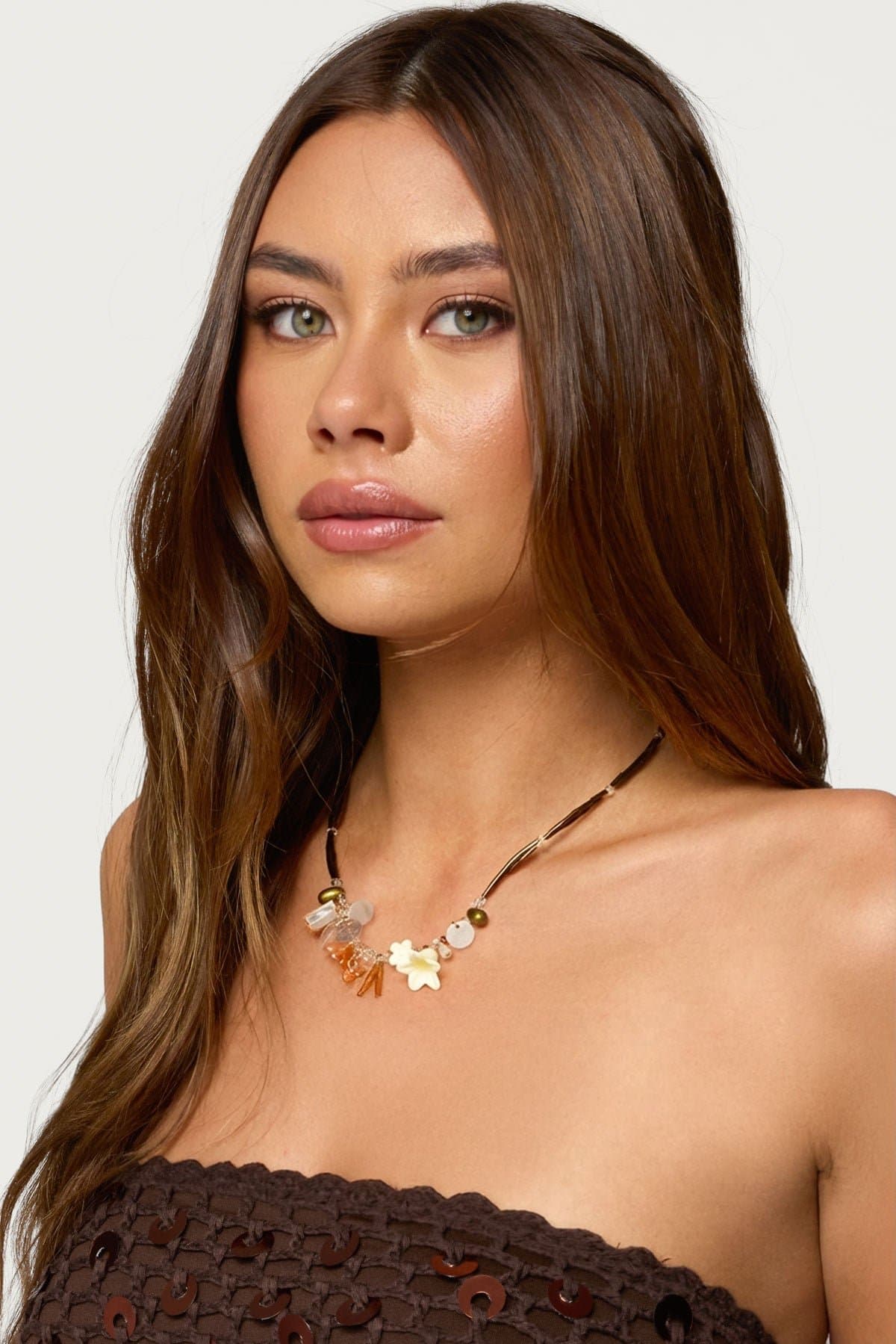 Charm Pendant Beaded Necklace - Gold Tone Metal & Plastic 15.7 Inch Length