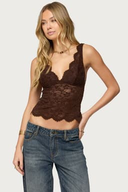 Araura Lace Velvet Floral Top - Plunging Neckline, Back Cutout, Scalloped Trim