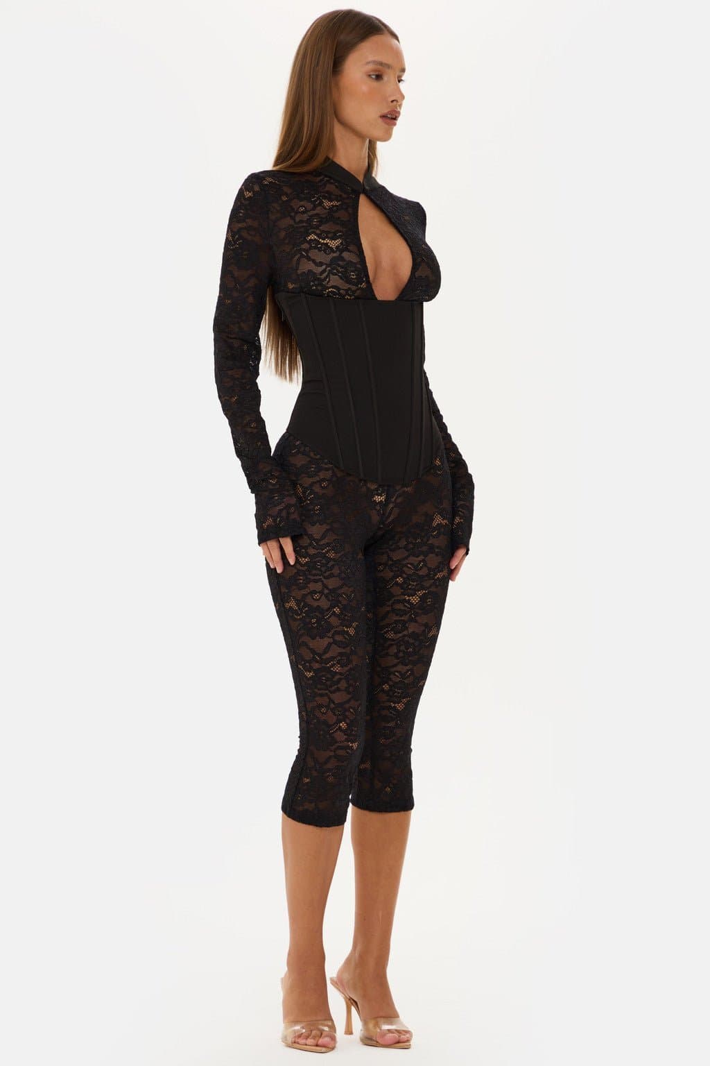 Jagger Long Sleeve Lace Capri Jumpsuit with High Neck and Corset Boning