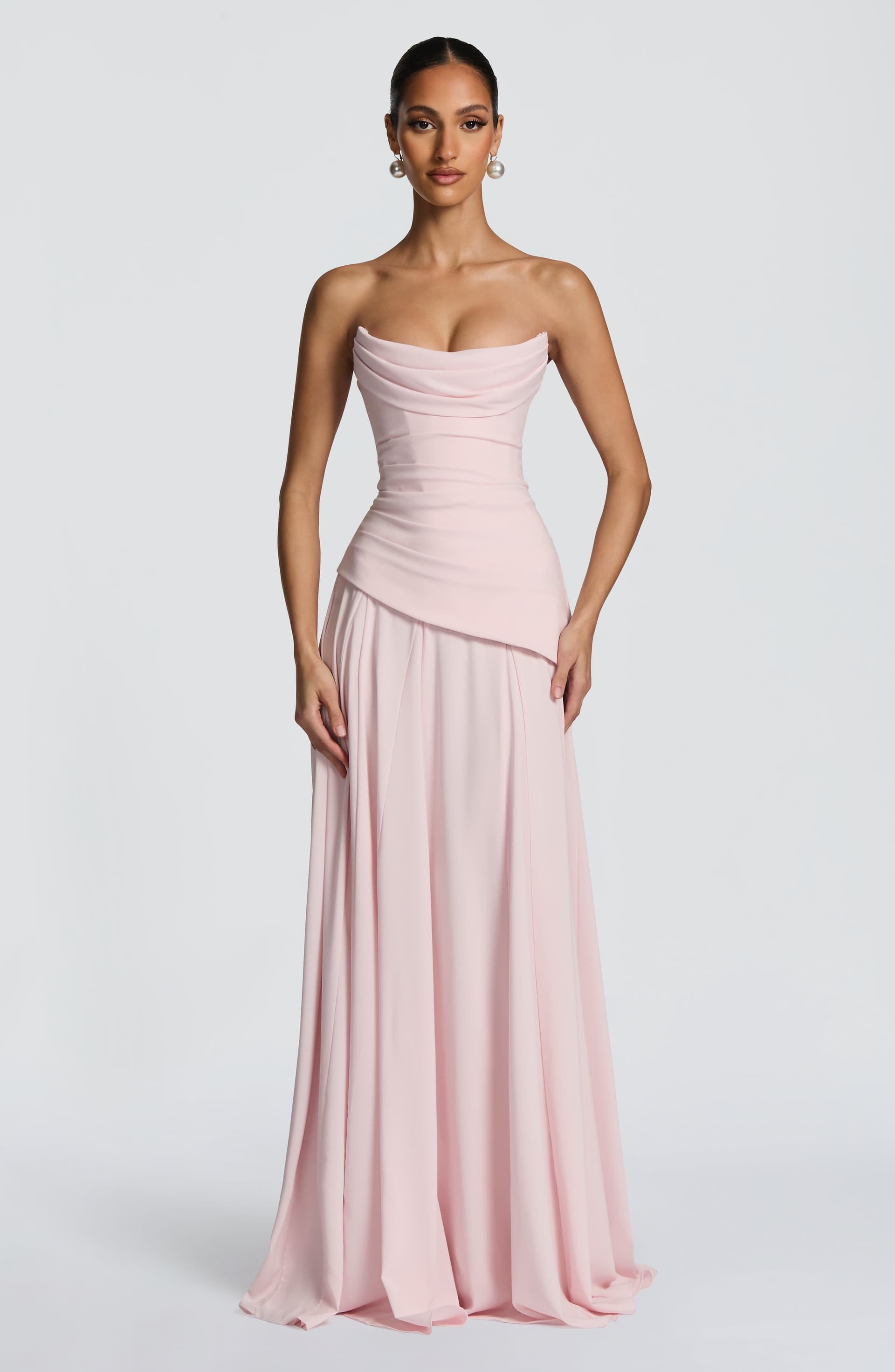 Patricia Maxi Dress - Blush Chiffon with Lace-Up Back, Scooped Neckline
