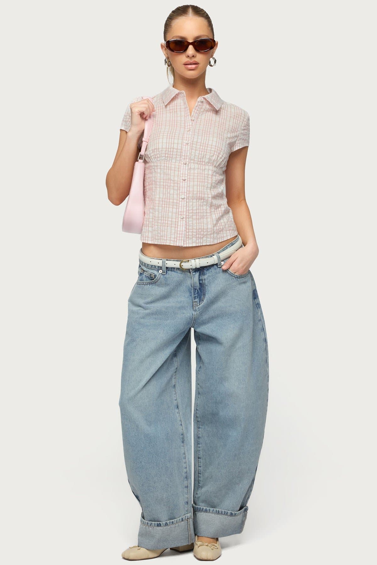 Petite Kella Low Rise Baggy Jeans - Rigid Cotton Denim, Cuffed Hem, 27.8" Inseam Size S