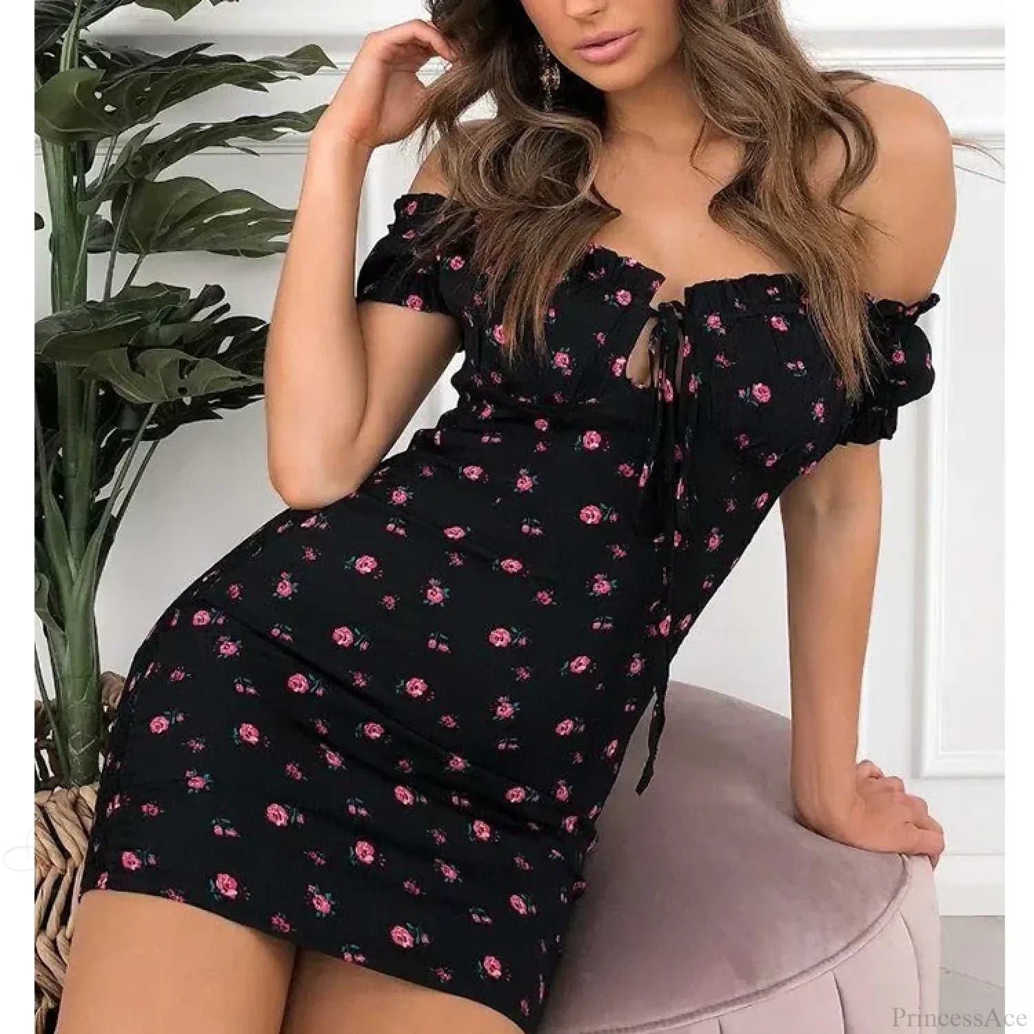 Off Shoulder Tie-Up Floral Print Ruffle Mini Dress - Polyester Slim Fit