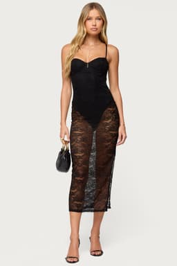 Sheer Lace Built-In Bodysuit Midi Dress with Adjustable Straps Polyester Spandex