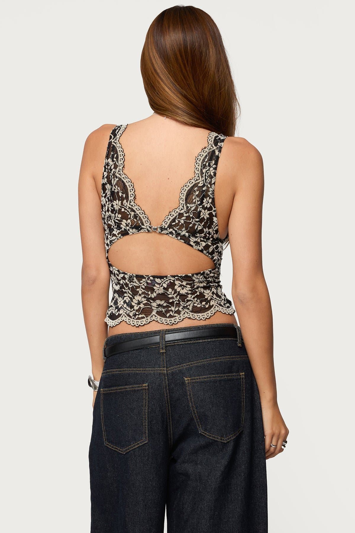 Araura Lace Velvet Floral Top - Plunging Neckline, Back Cutout, Scalloped Trim