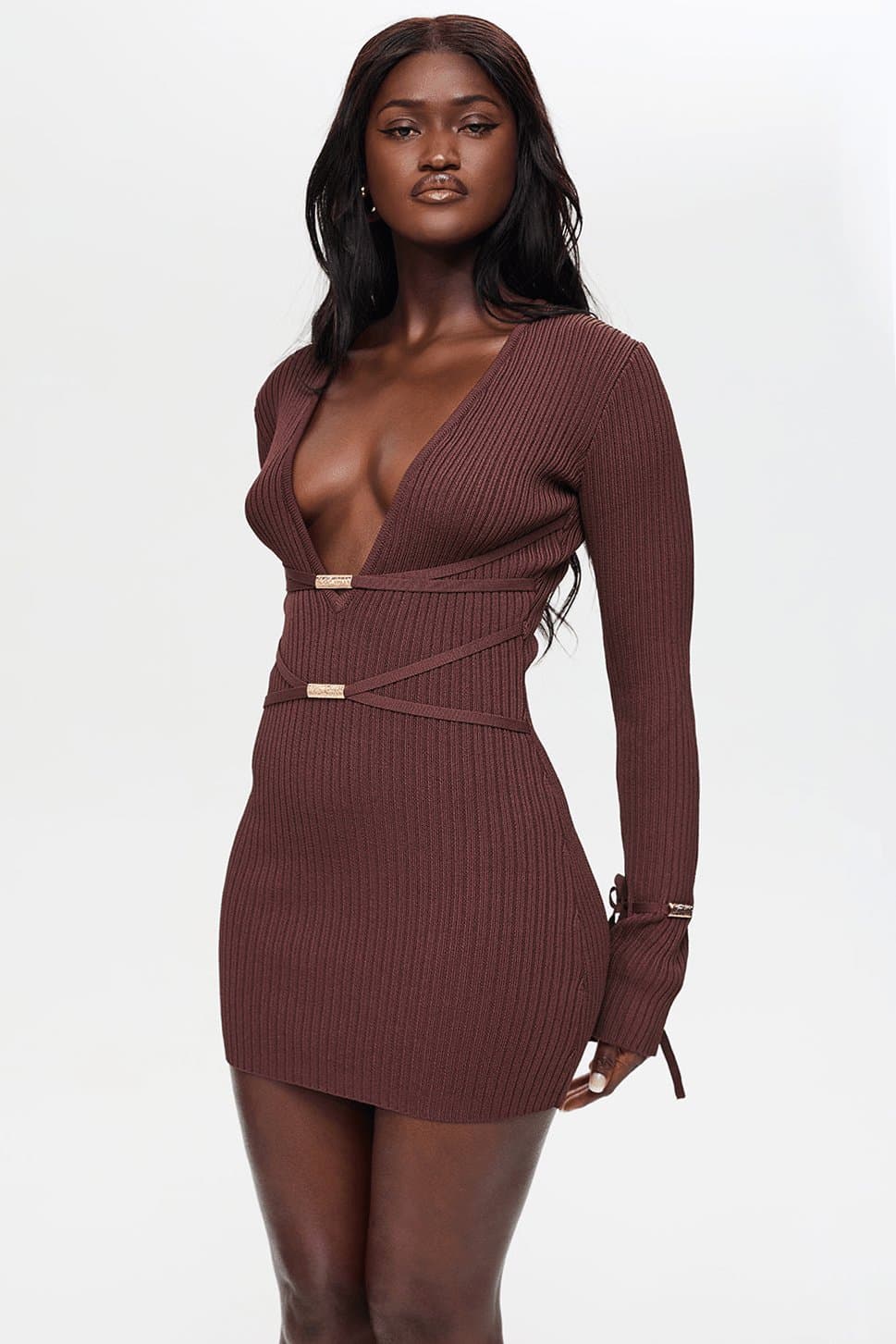 Murci Crystal Mini Bodycon Dress Cocoa Brown Knit Long Sleeve Plunge Neck