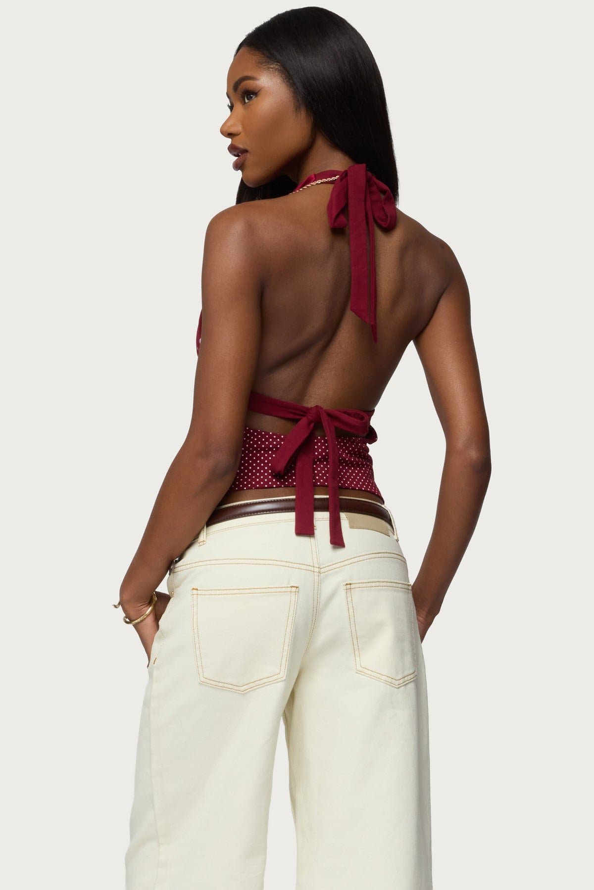 Ginny Mixed Polka Dot Halter Top - Cotton Spandex V-Neck Gathered Bust