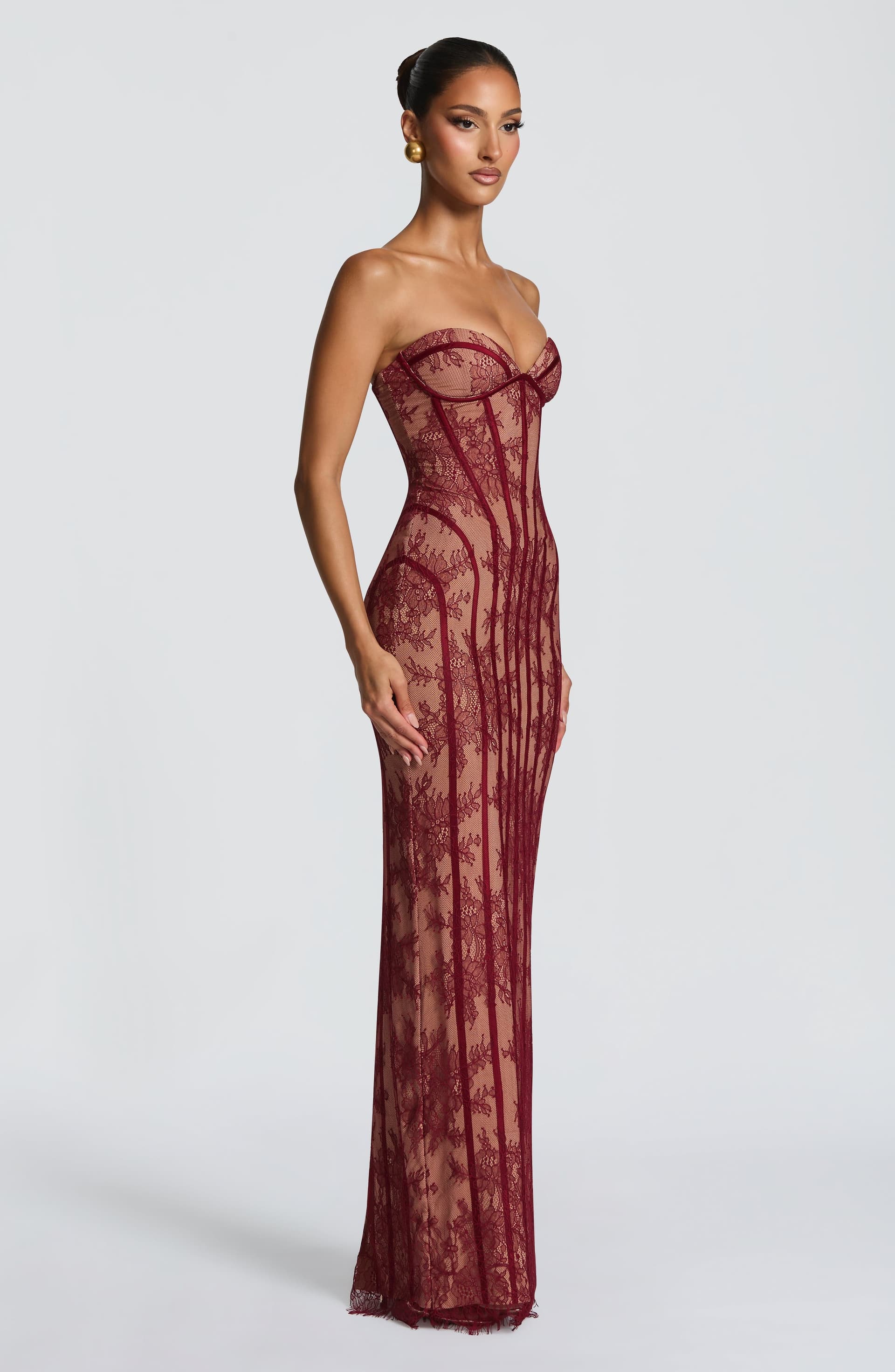 Sian Burgundy Floral Lace Strapless Maxi Dress with Underwire Cups