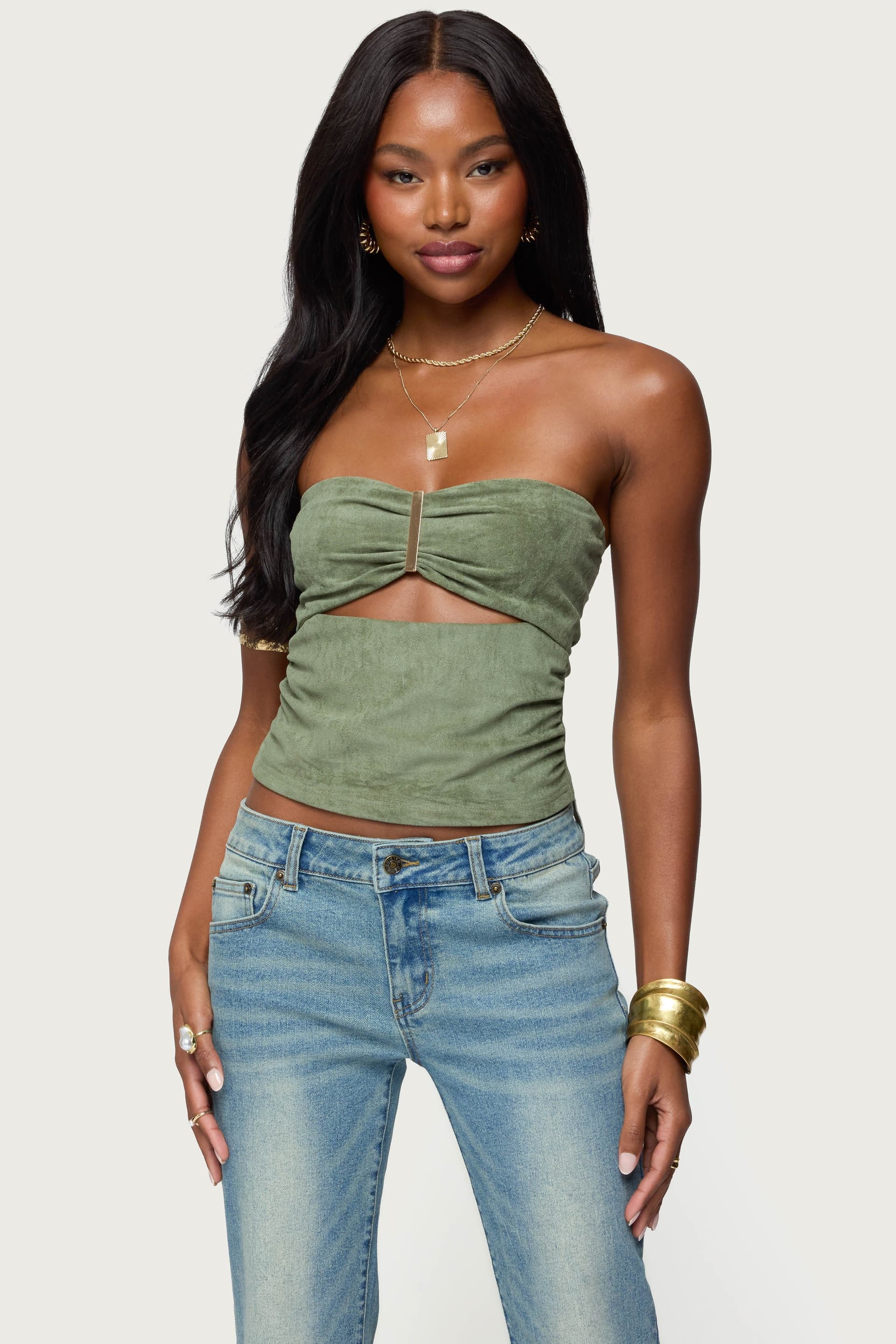 Kalina Cutout Faux Suede Strapless Sweetheart Neckline Top