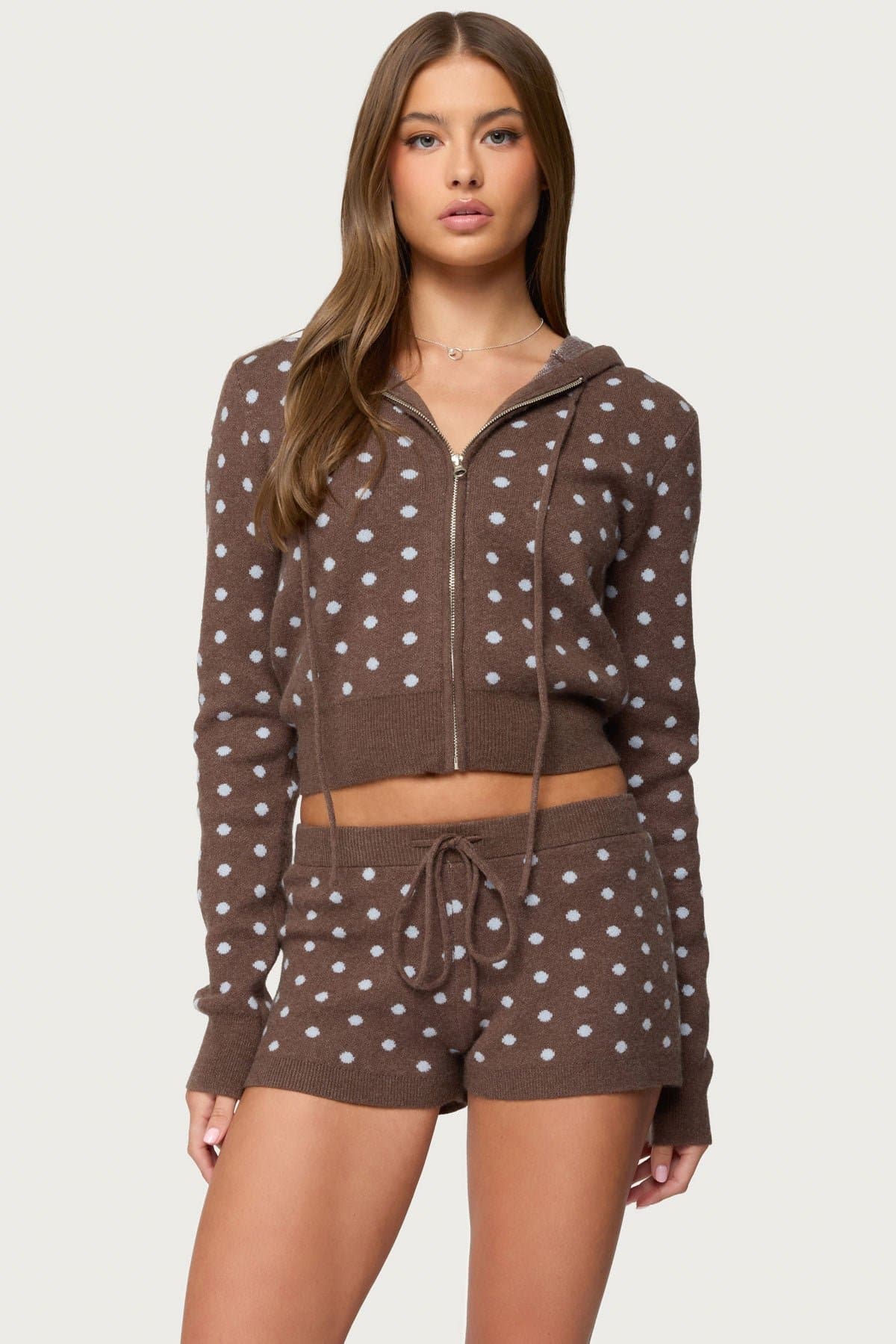 Kenny Polka Dot Knit Zip-Up Hooded Cardigan - Polyester Acrylic Nylon Rayon