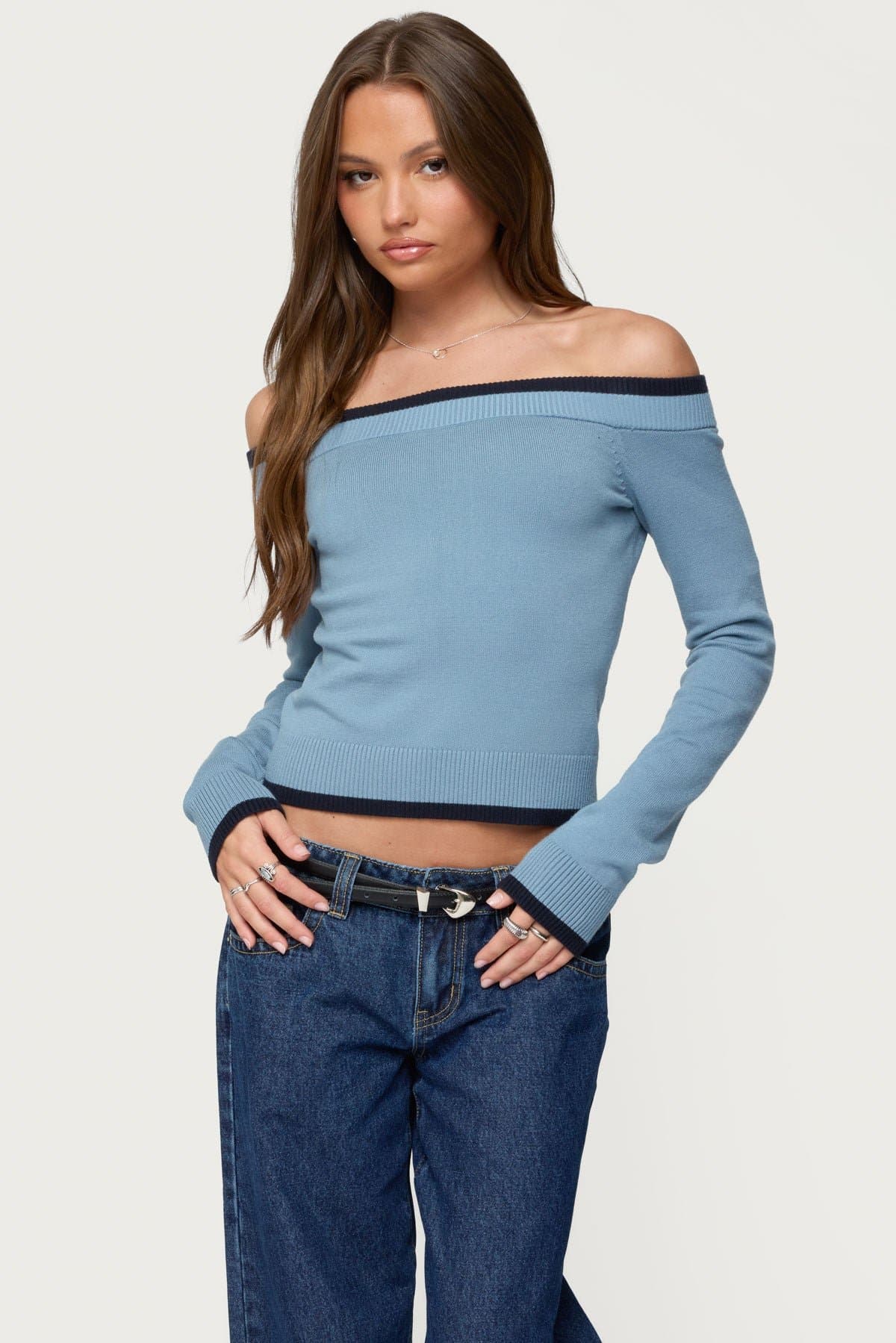 Kezzie Contrast Off Shoulder Long Sleeve Knit Top - Rayon Polyester Nylon