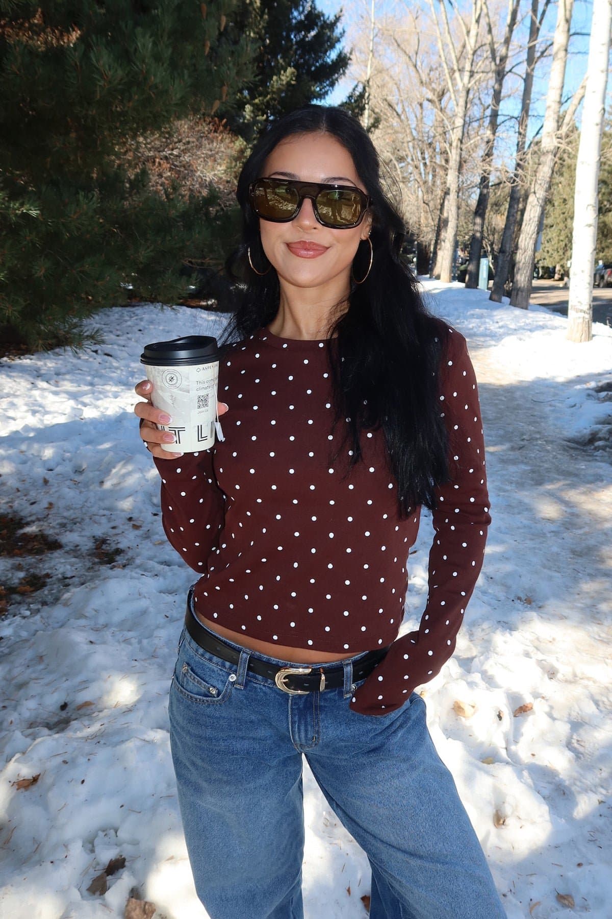 Daliya Polka Dot Long Sleeve Cotton Spandex Loungewear T-Shirt