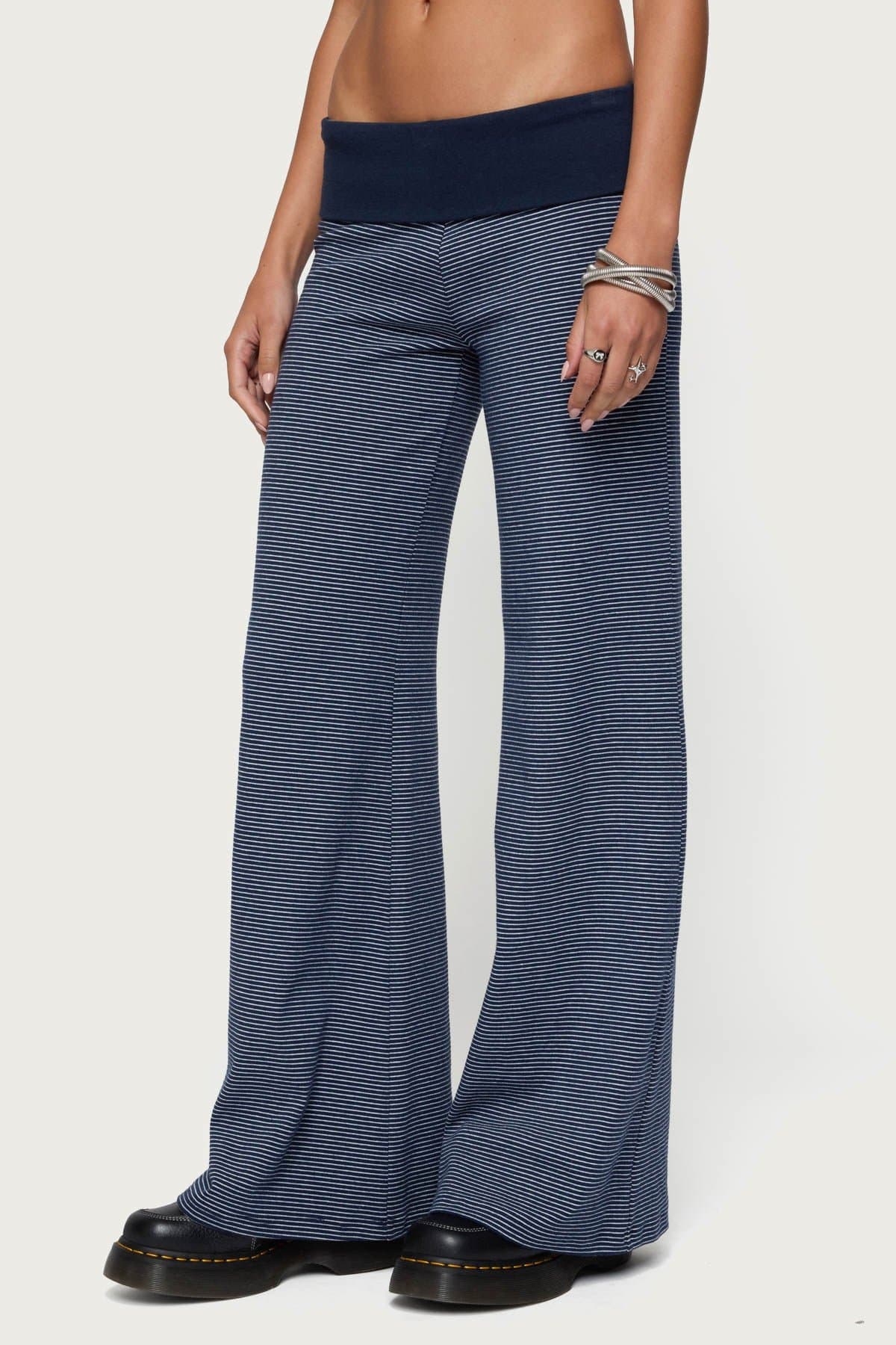 Amarna Striped Fold Over Wide Leg Pants - Cotton Rayon Polyester