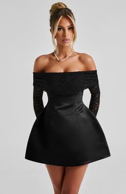 Georgianna Mini Dress in Black - Satin with Lace Sleeves, Bardot Neckline