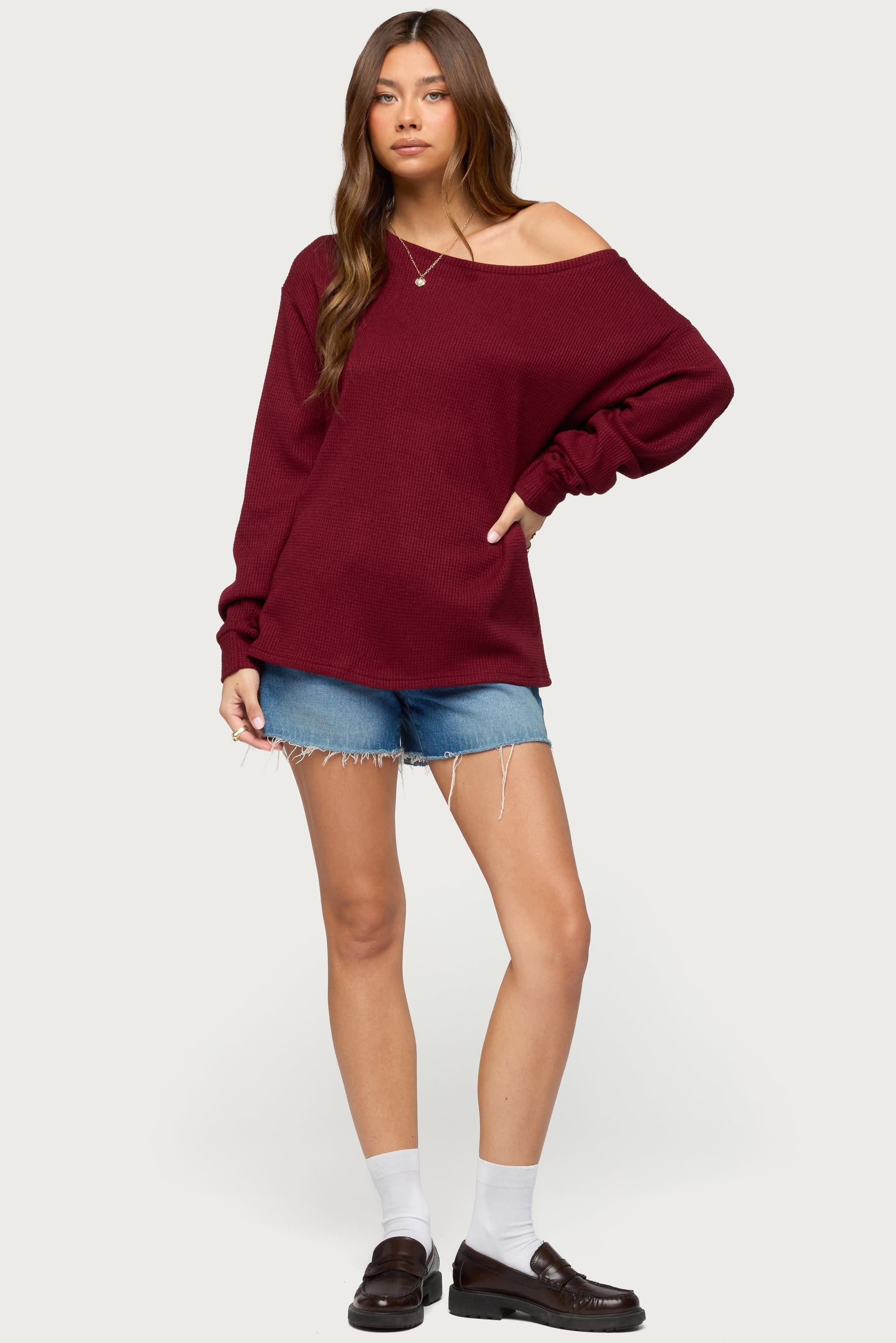 Damari Off Shoulder Oversized Waffle Top - Long Sleeve Rayon Polyester Nylon