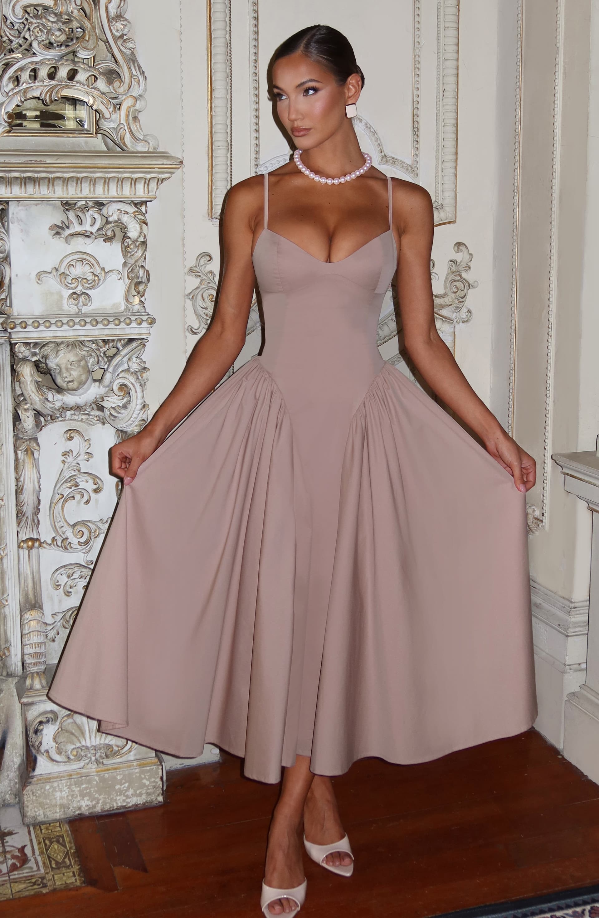 Emerson Midi Dress in Clay - Sweetheart Neckline Lace-Up Back Dropped Waist