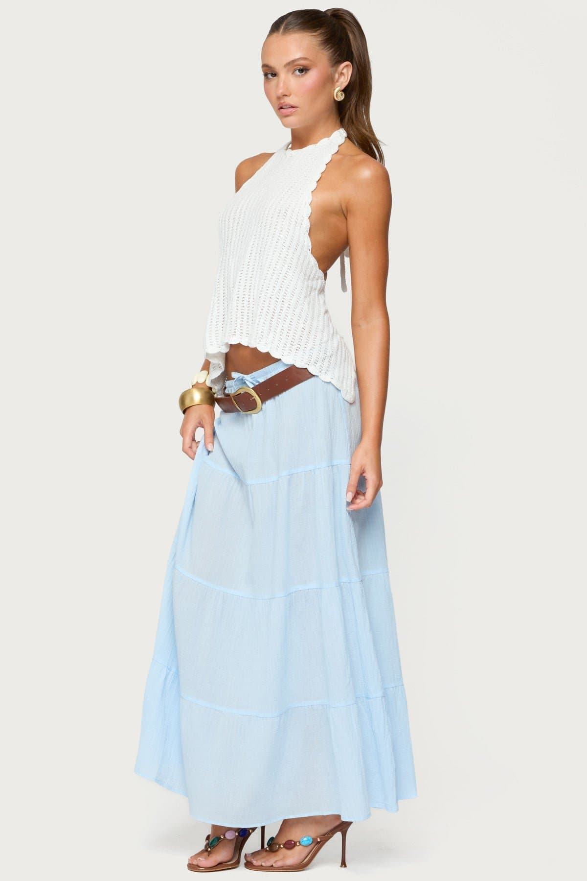 Ivey Backless Crochet Halter Top - Acrylic High Neck Open Back Scalloped Trim