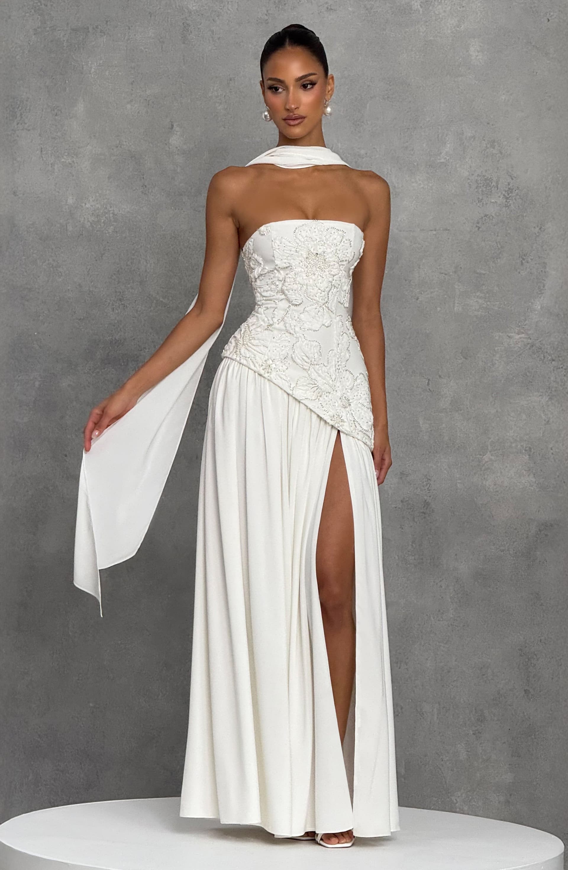 Anneliese Maxi Dress in Ivory Crepe Bodice Chiffon Skirt with Embellishments