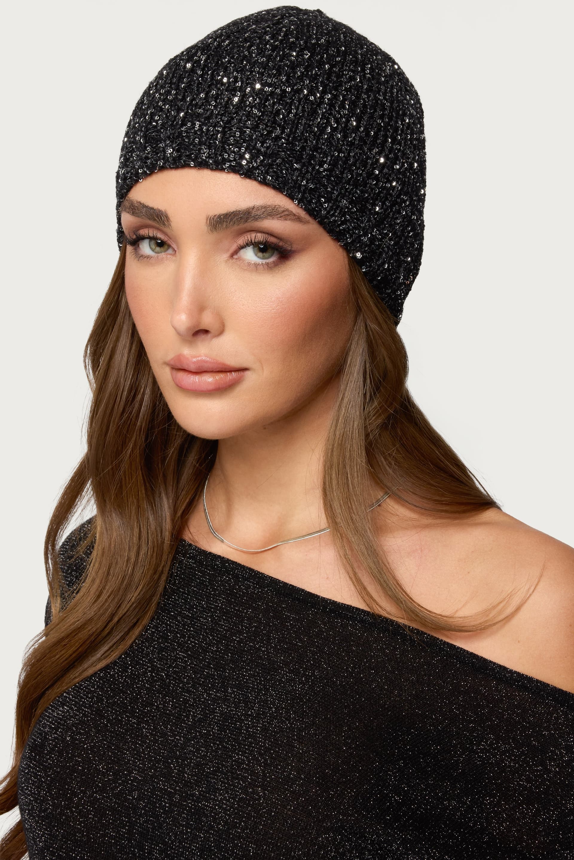 Sequin Knit Beanie Hat - Polyester Acrylic Nylon, Height 9.9in Length 8.7in