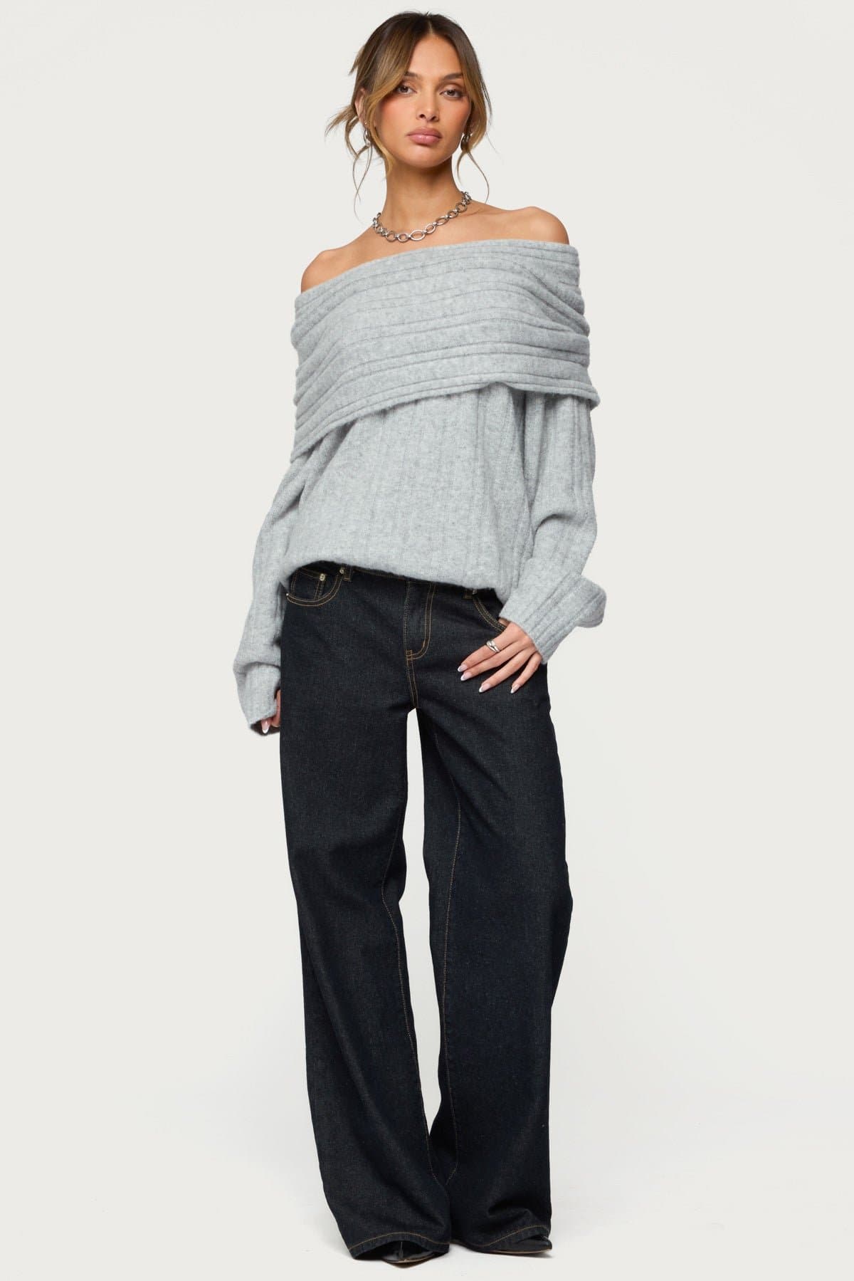 Kadenna Oversized Off Shoulder Sweater - Polyester Nylon Spandex Ribbed Knit