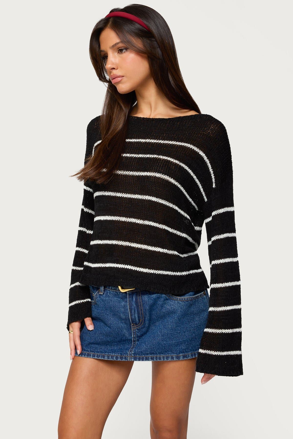 Drop Shoulder Light Knit Striped Sweater - Relaxed Fit Polyester Rayon