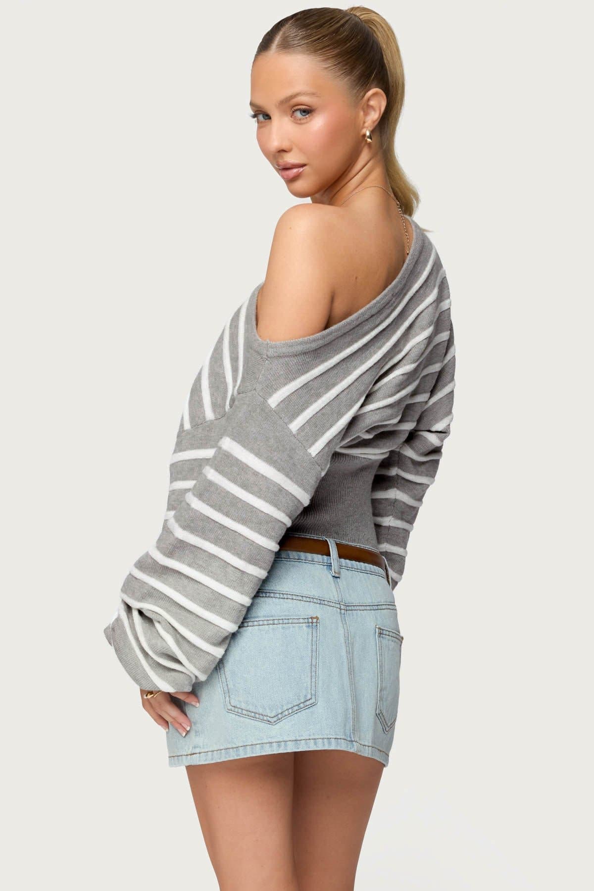 Mika Off Shoulder Oversized Striped Knit Sweater - Rayon Polyester Nylon