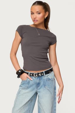 Oliana Ribbed Boat Neck T-Shirt - Cotton Spandex Women's Top